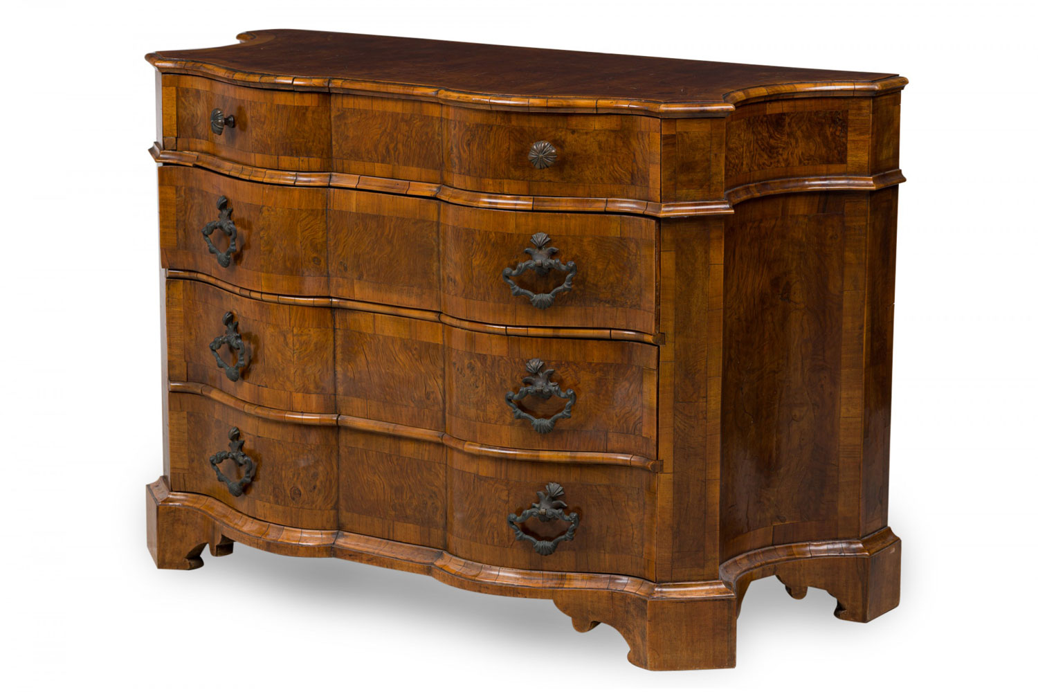 Italian venetian serpentine olivewood and bronze mounted 4 drawer commode chest