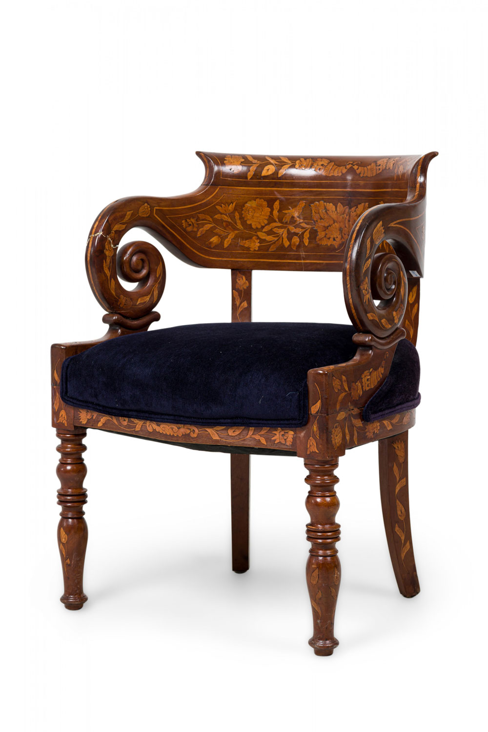 Dutch neo classic style marquetry frame blue upholstered armchair 