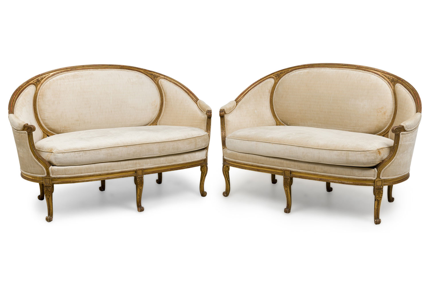 Pair of french louis xvi giltwood beige upholstered canapes settees