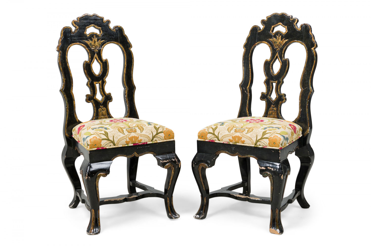 Set of 6 michael taylor portuguese rococo style black giltwood upholstered dining side chairs