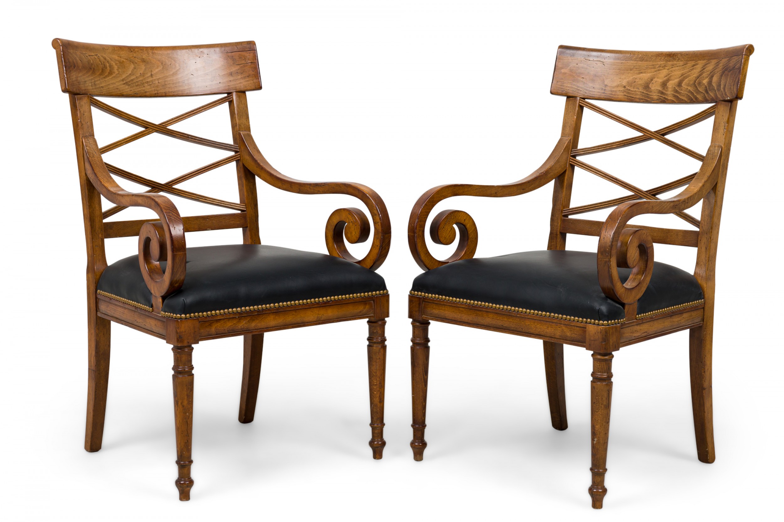 Pair of Italian Neo classic style leather upholstered armchairs