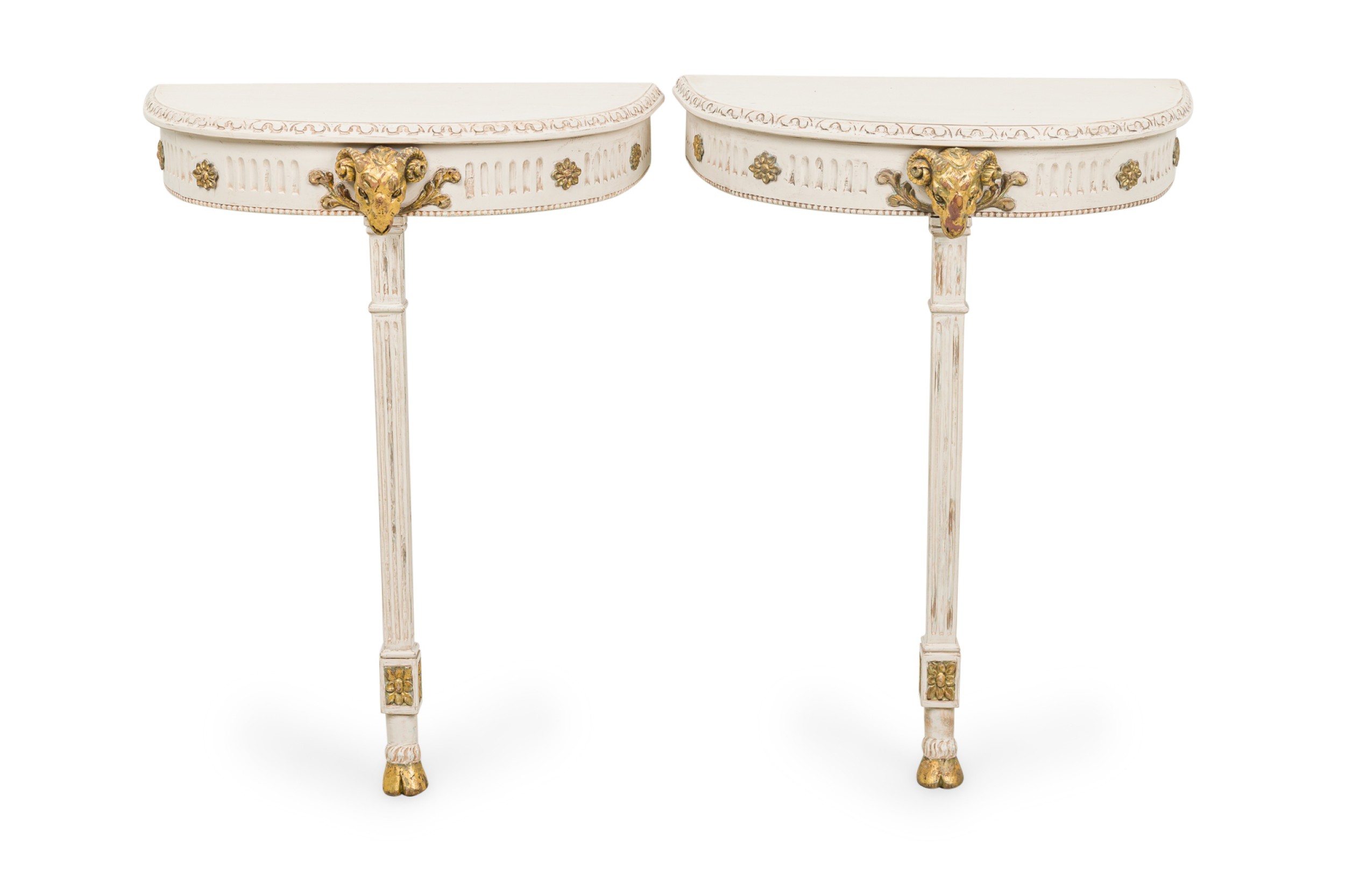 Pair of swedish neo classic cream painted and gilt demilune wall mounted console tables