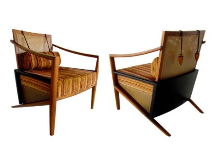 Pair of marcelo manhago for parma brazilian modern ebonized cane and walnut armchairs