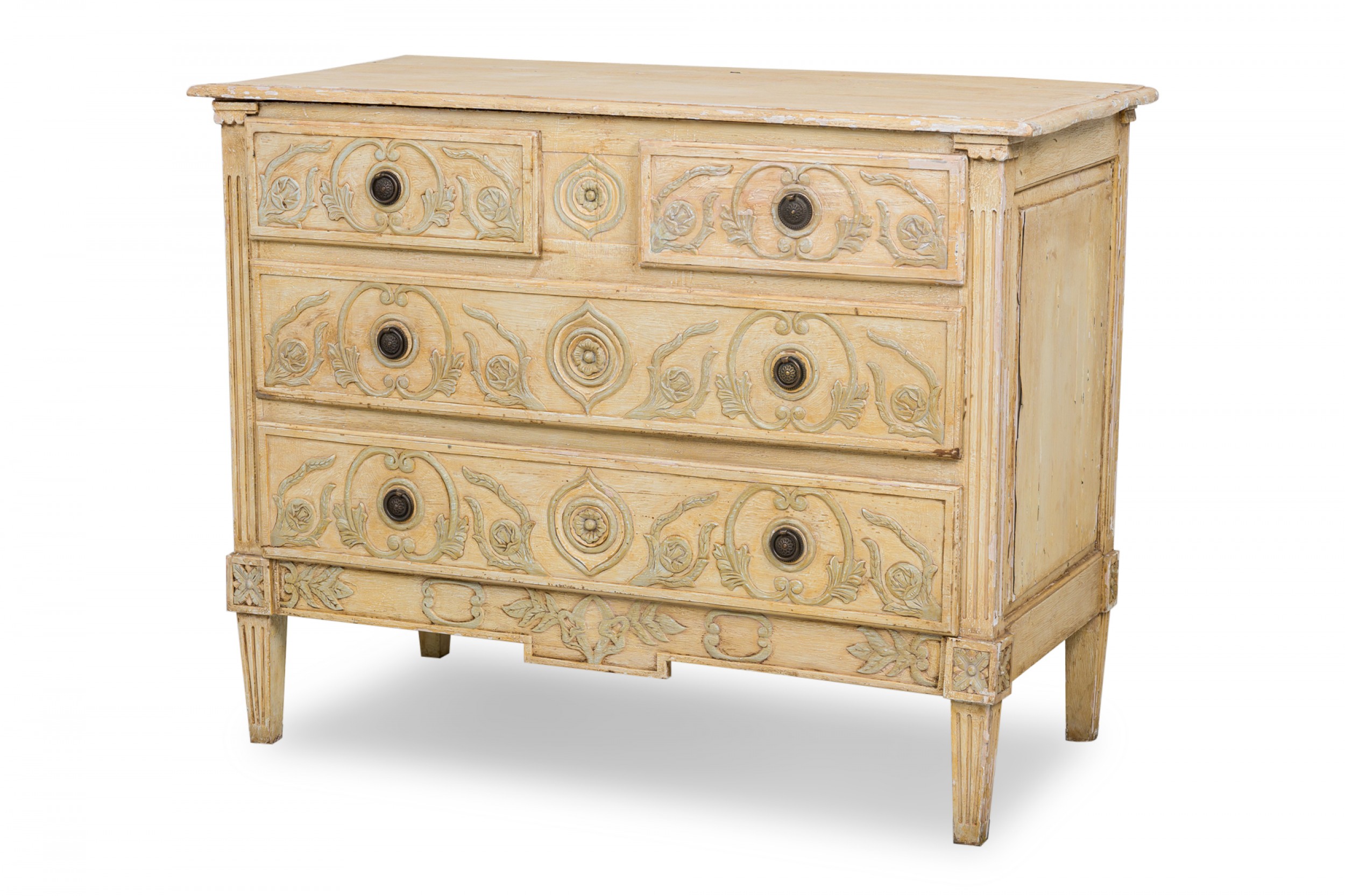 French louis xvi provincial style 4 drawer beige and gray painted commode