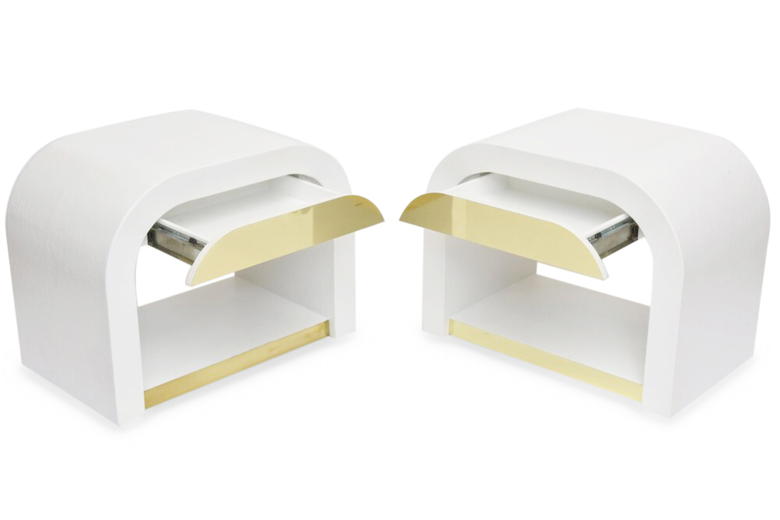 Pair american white enameled and brass waterfall bedside tables karl springer