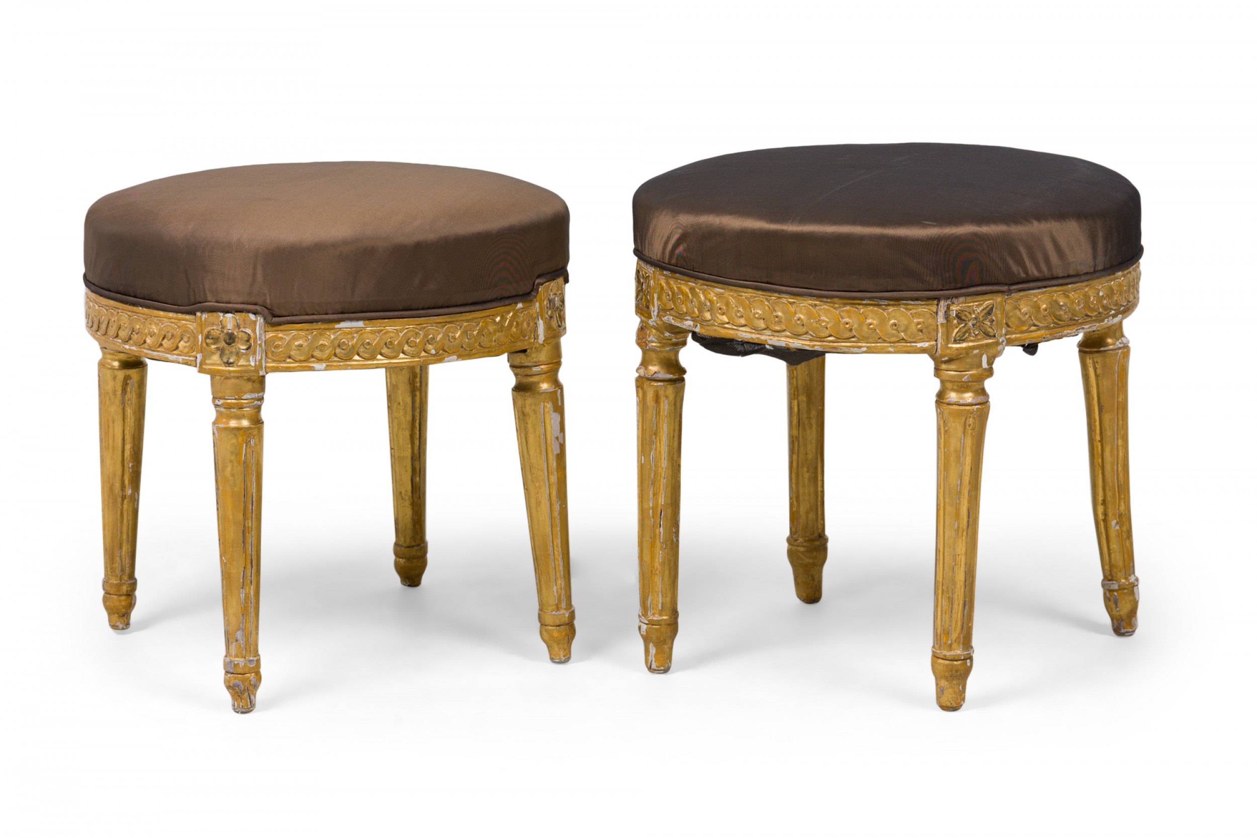 Pair of Italian neo classic giltwood upholstered taborets benches stools