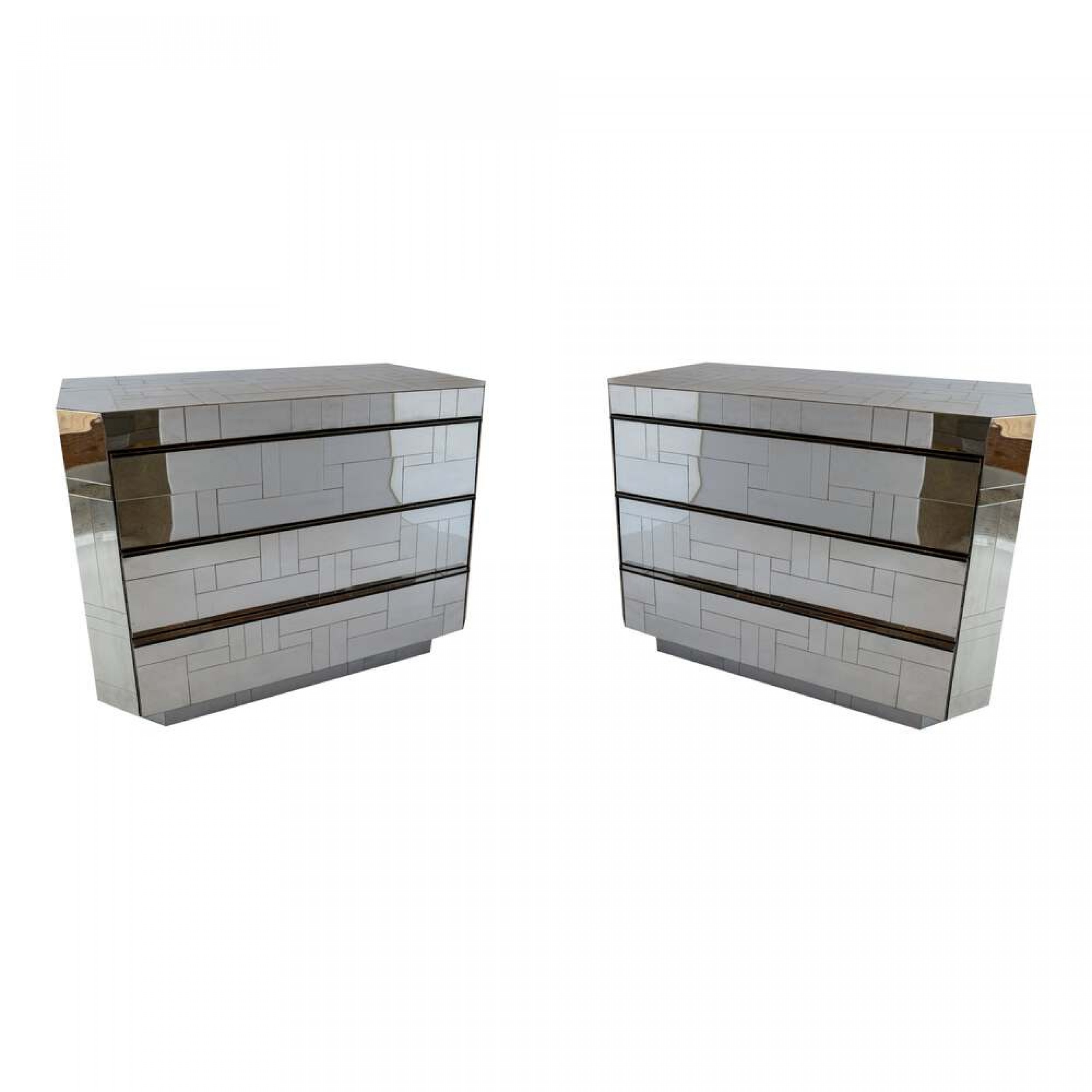 Pair of paul evans mid century modern polished chrome cityscape 3 drawer chests