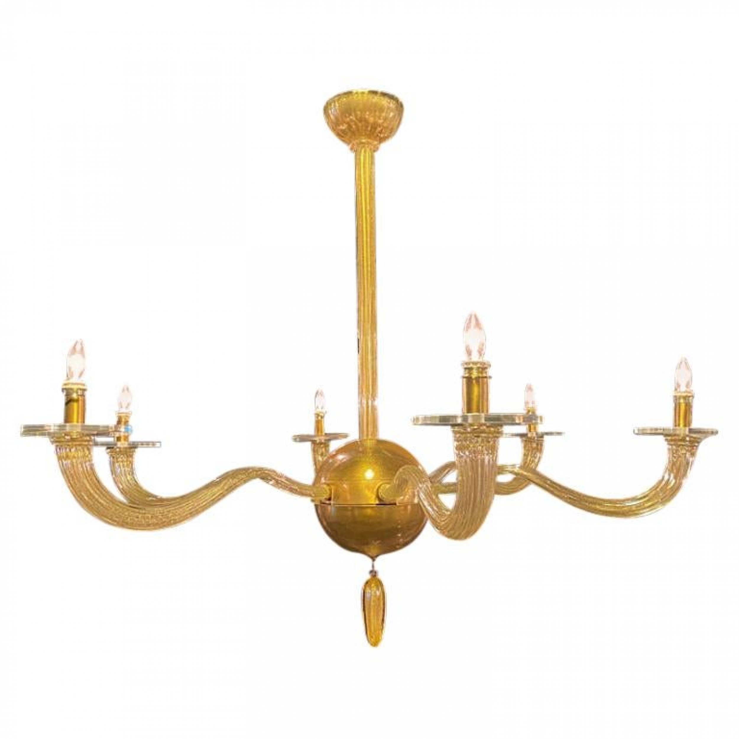Italian modern handblown Murano gold glass 6 arm stellare chandelier seguso