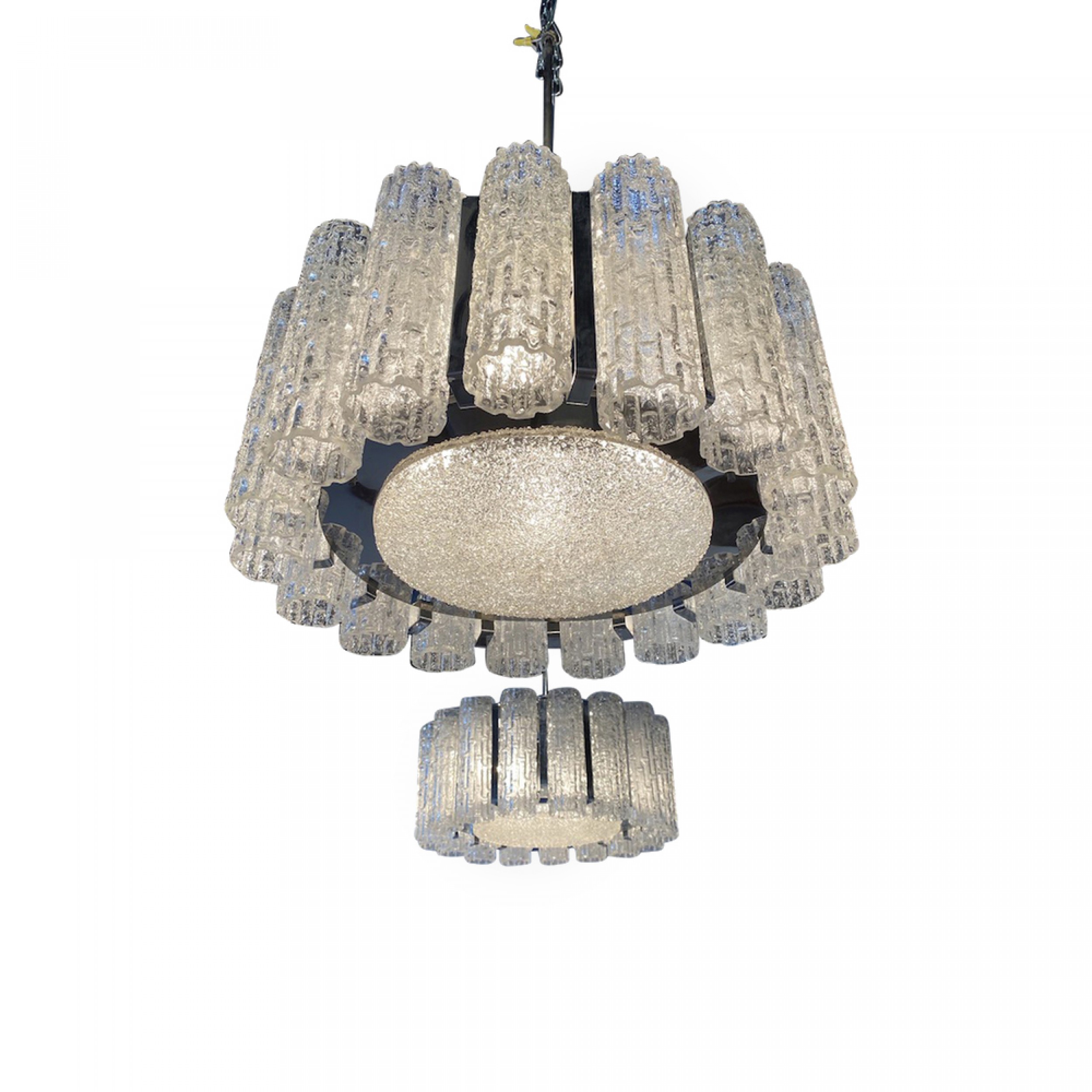 Pair italian modern polished nickel and hand blown glass chandeliers venini