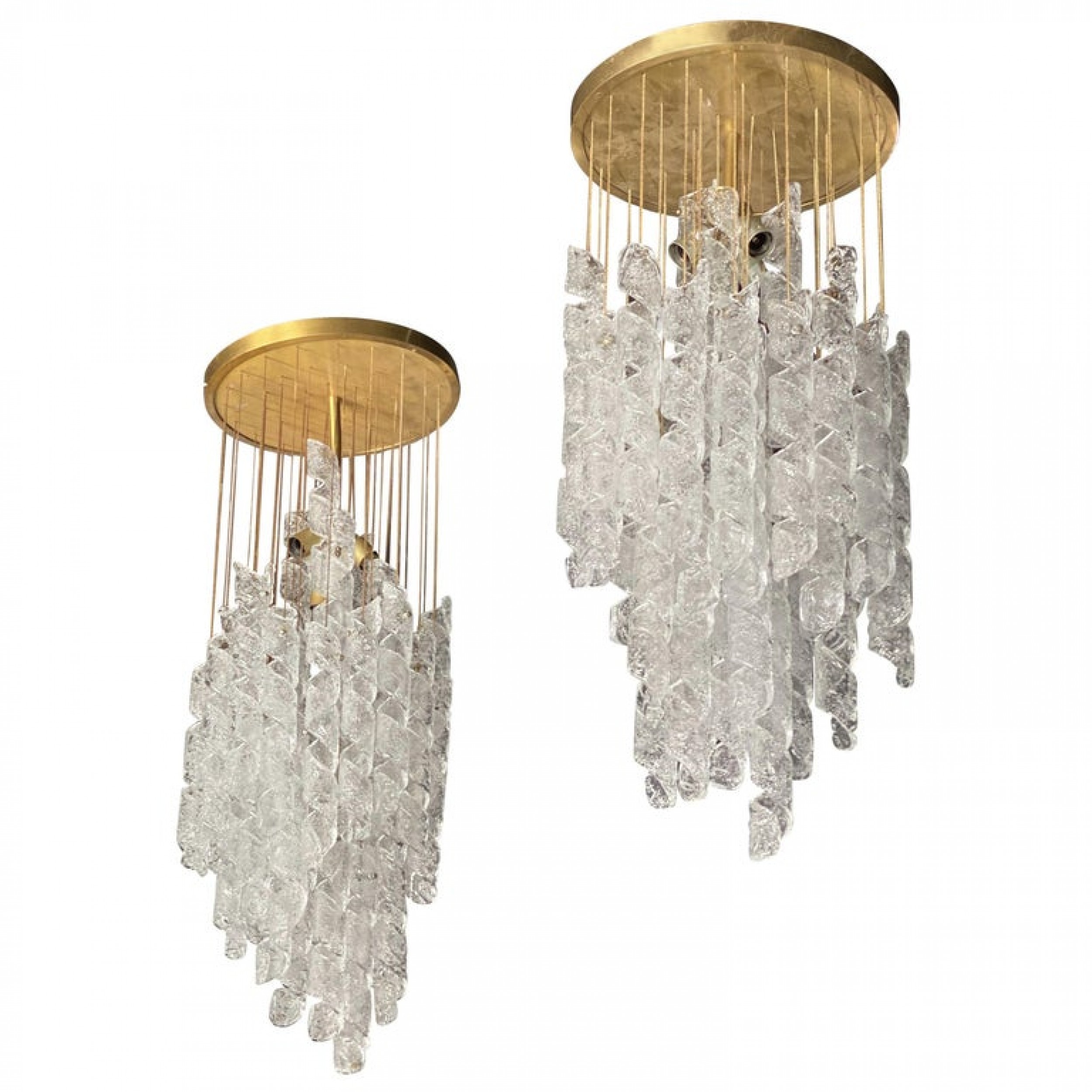 Pair of italian Mid Century modern hand blown glass and brass chandeliers mazzega