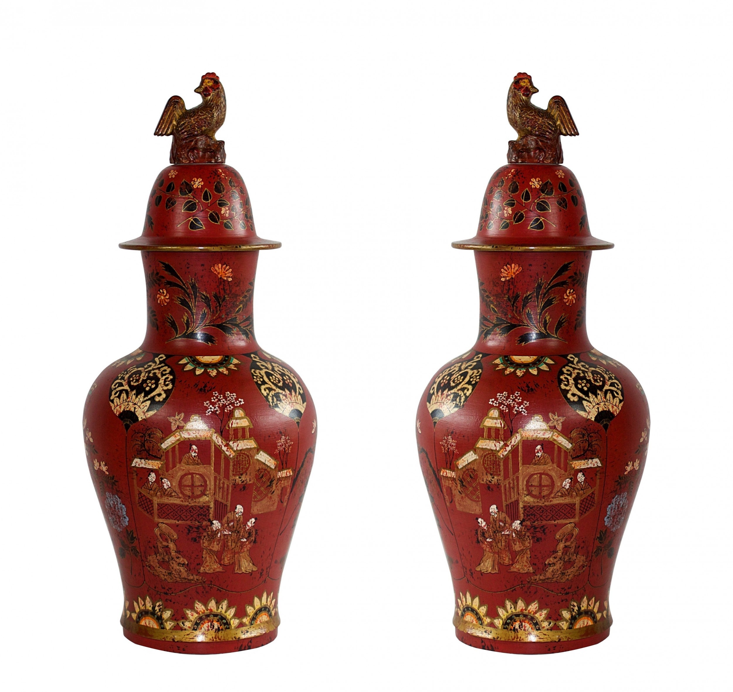 Pair of asian rooster finial lidded red urns