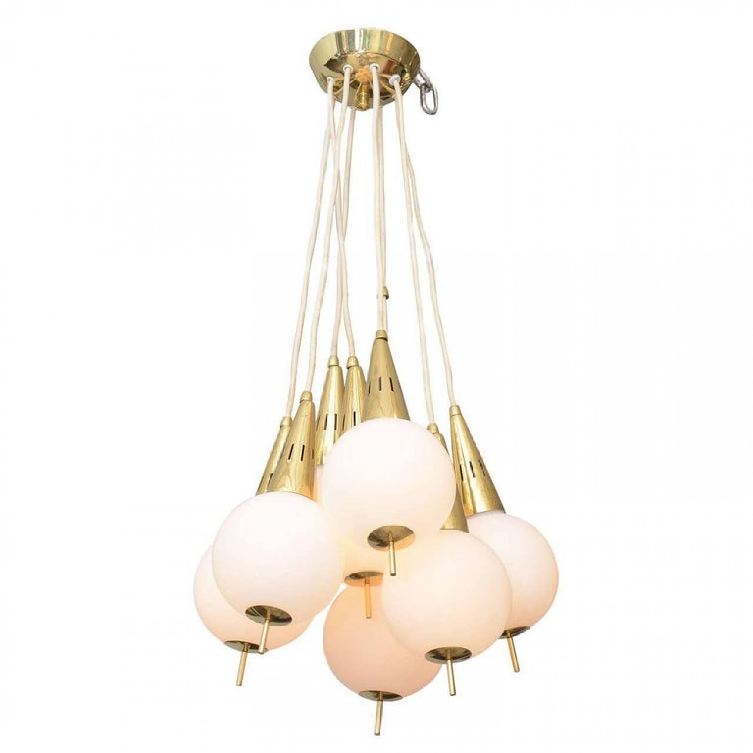 Italian modern brass and glass eight light chandelier in the manner of stilnovo
