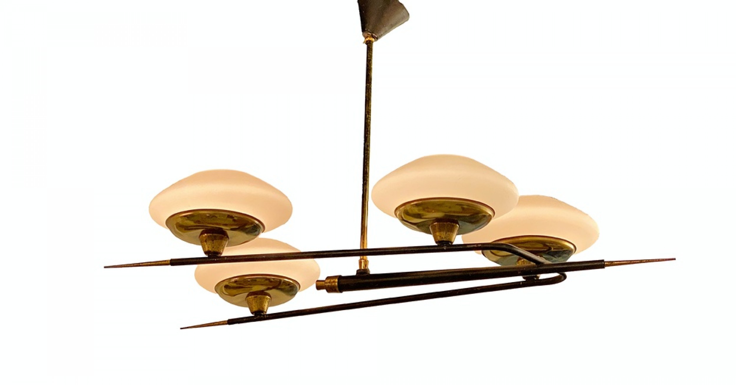 Italian modern brass metal and frosted glass 4 light chandelier stilnovo