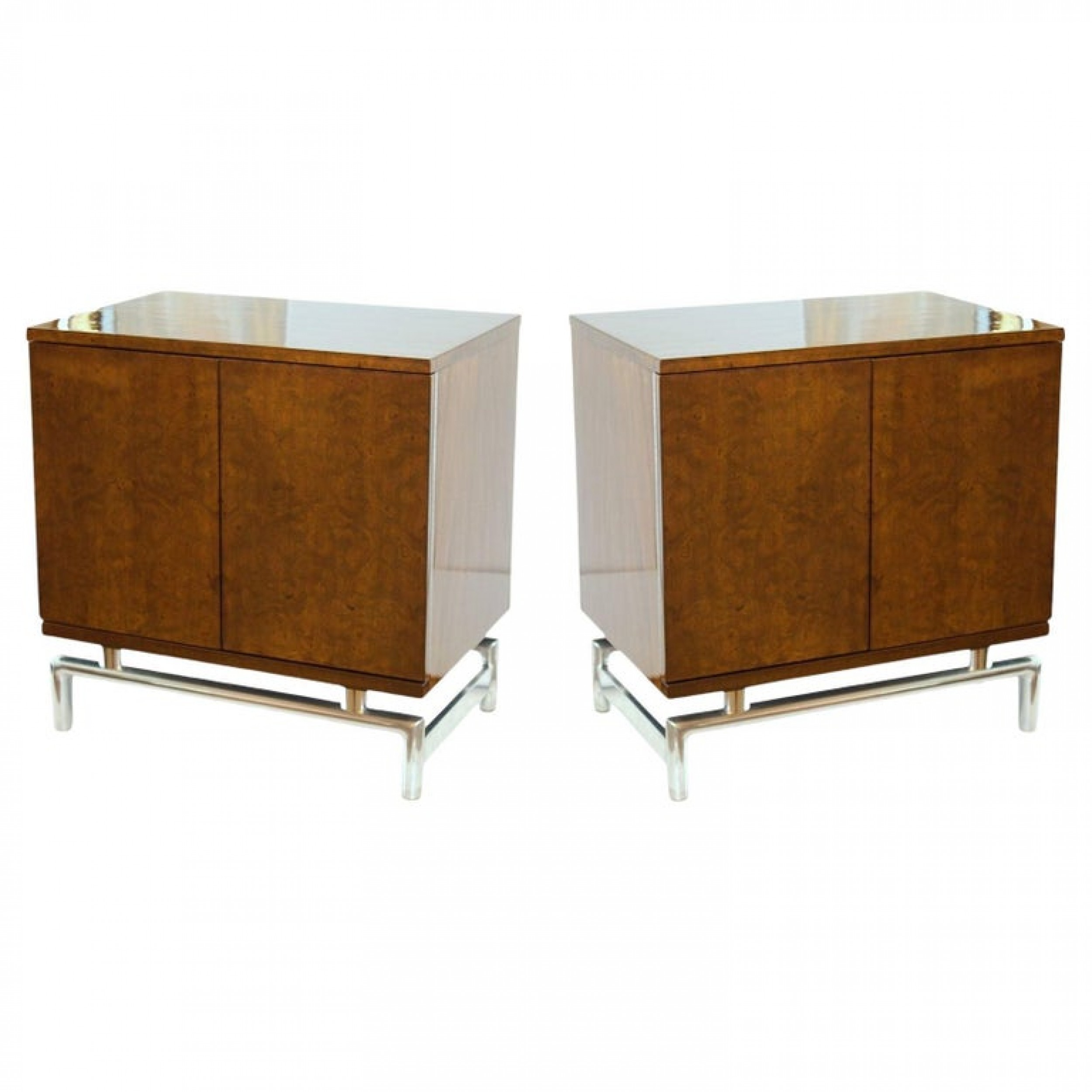 Pair of american modern burled front bedside tables american of martinsville
