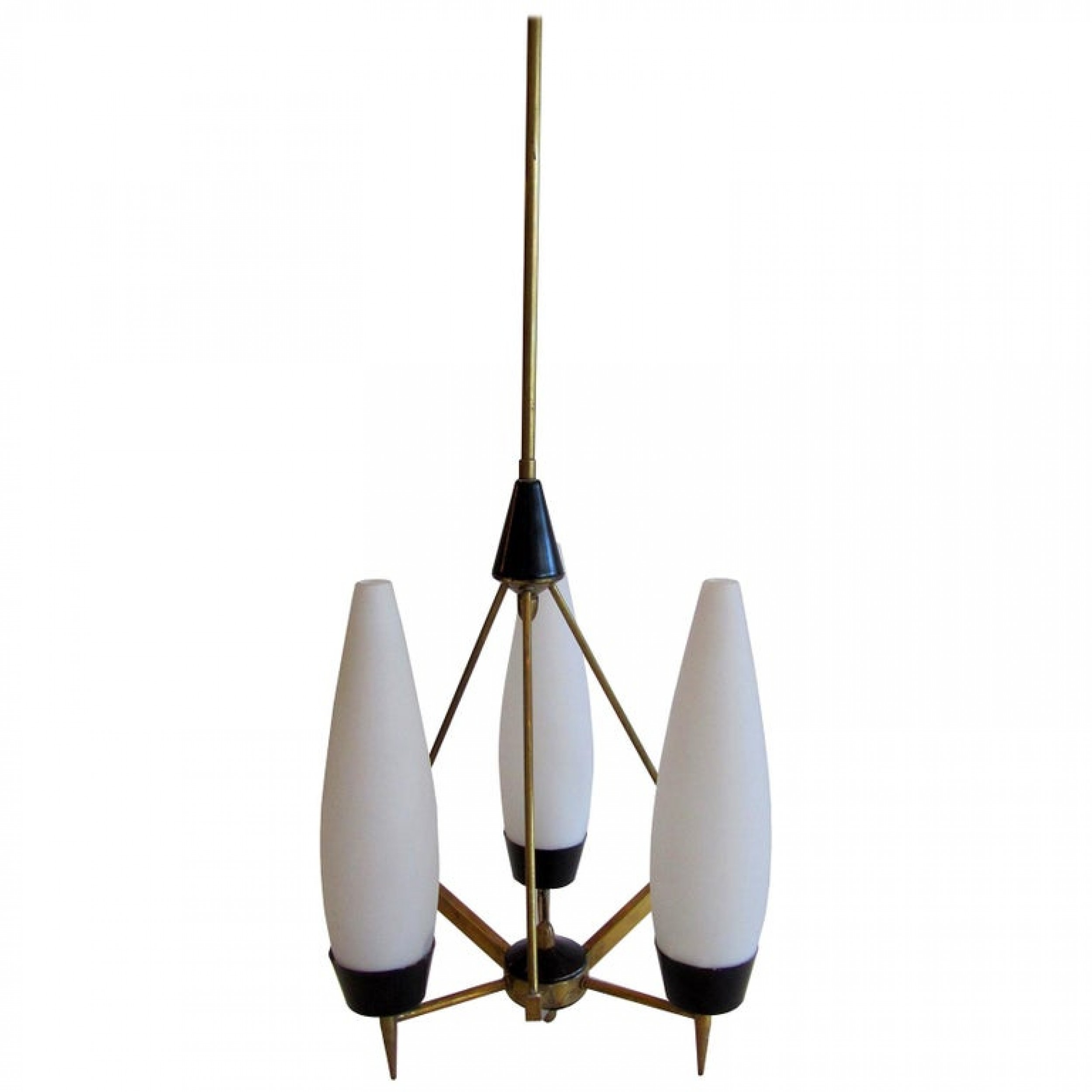Italian modern brass glass and enameled 3 light chandelier stilnovo