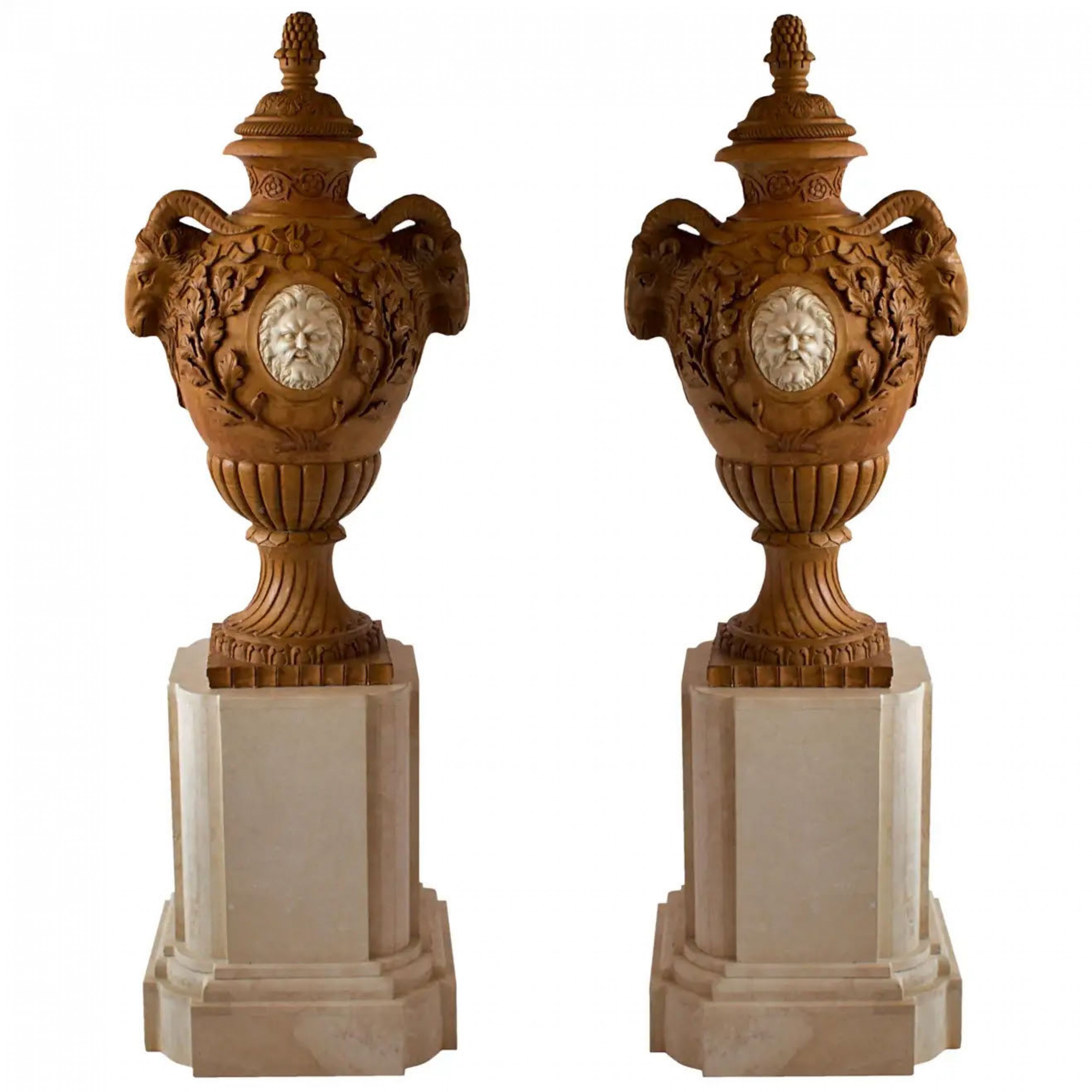 Fine and monumental pair of italian neoclassical siena marble urns on pedestal