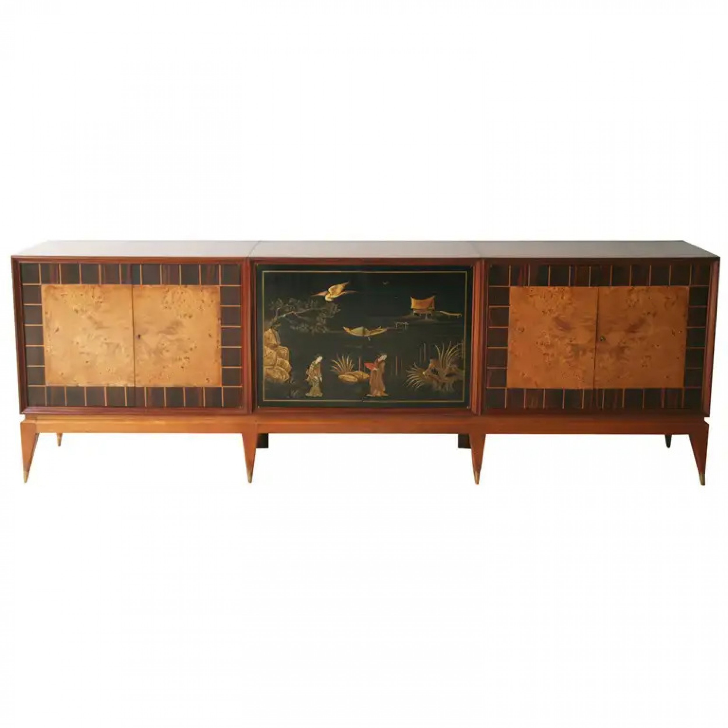 Superb italian six door mixed wood and chinoiserie buffet