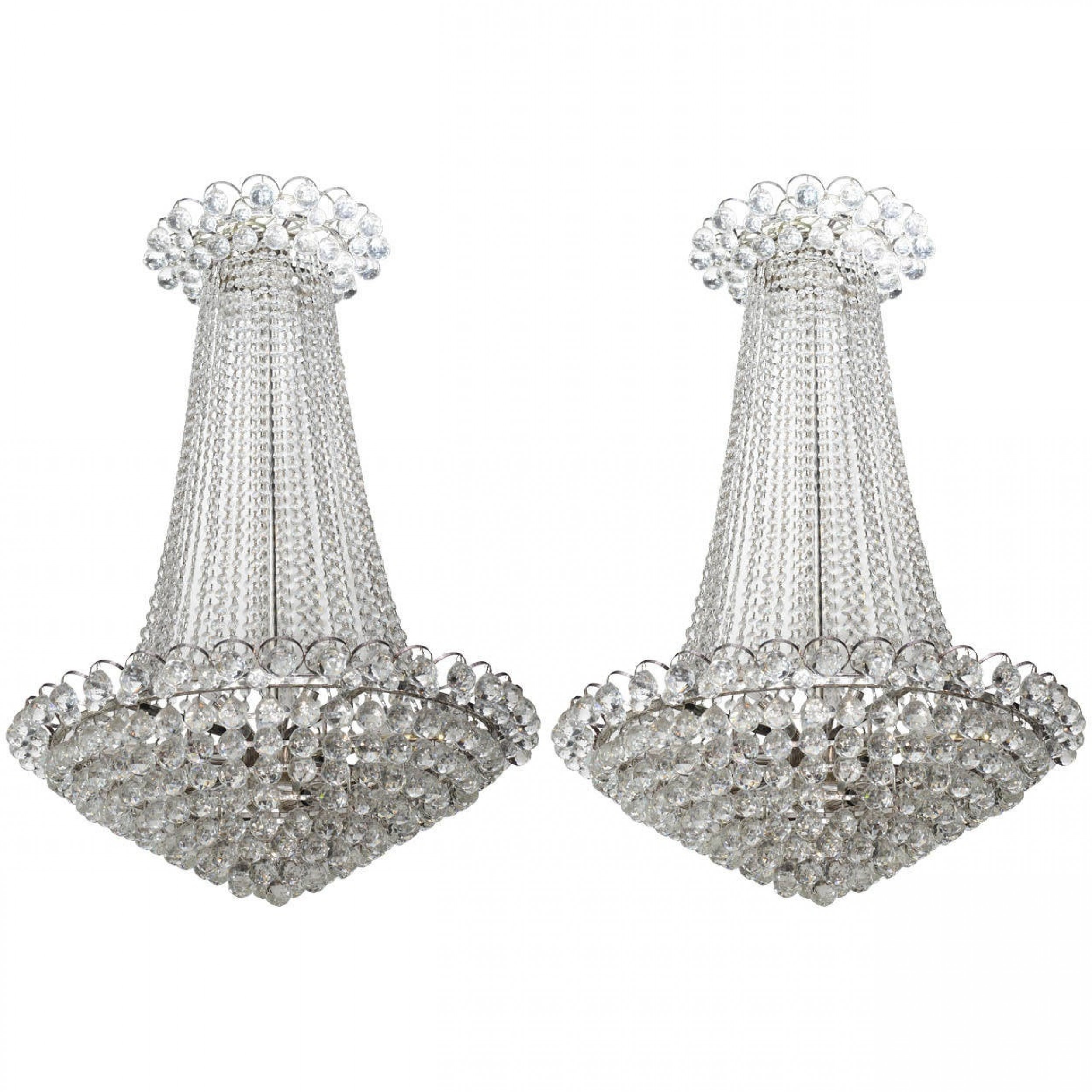 Pair of crystal and chrome chandeliers