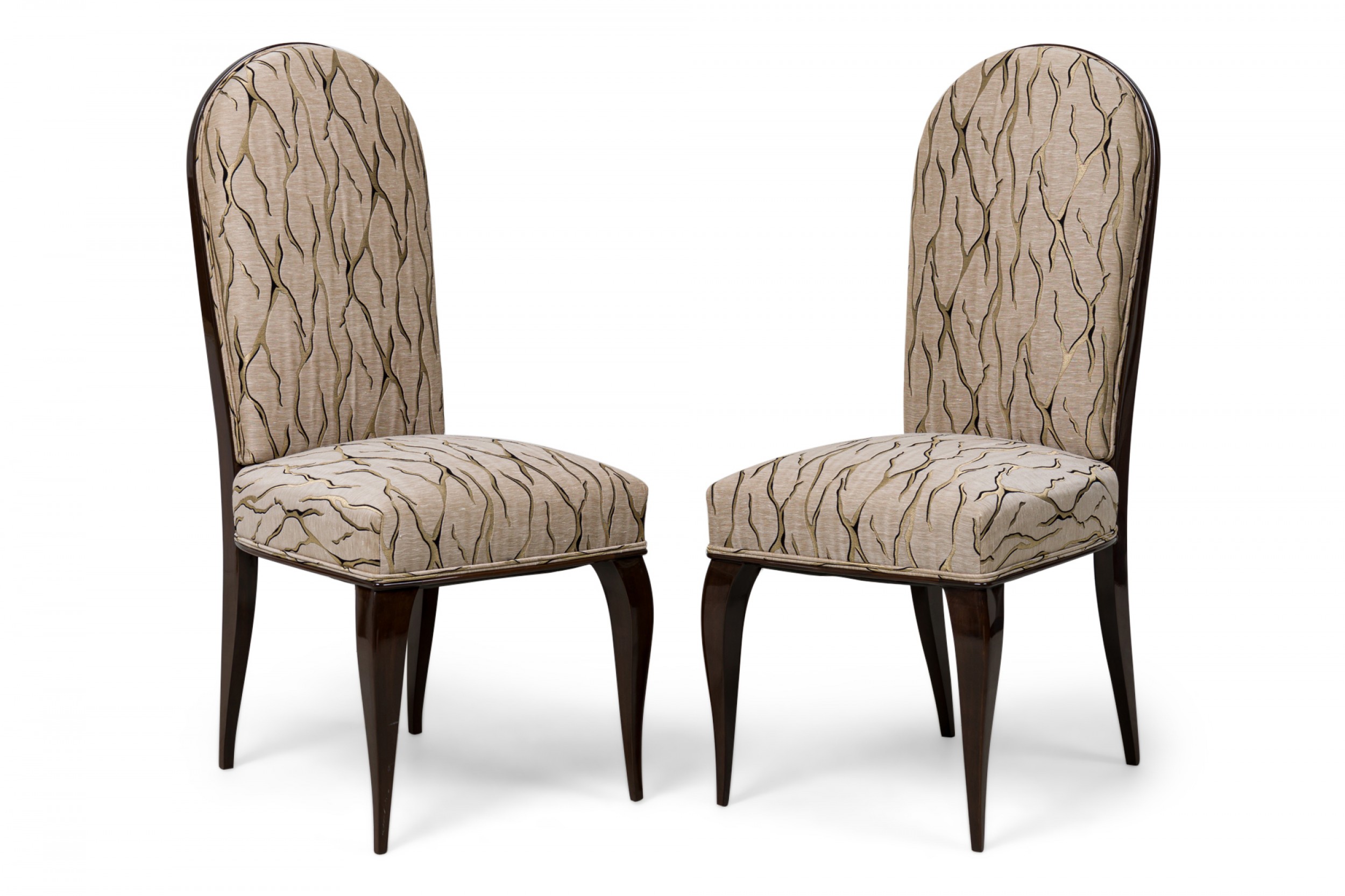 Dominique et cie french art deco mahogany beige and gold patterned upholstered dining side chairs