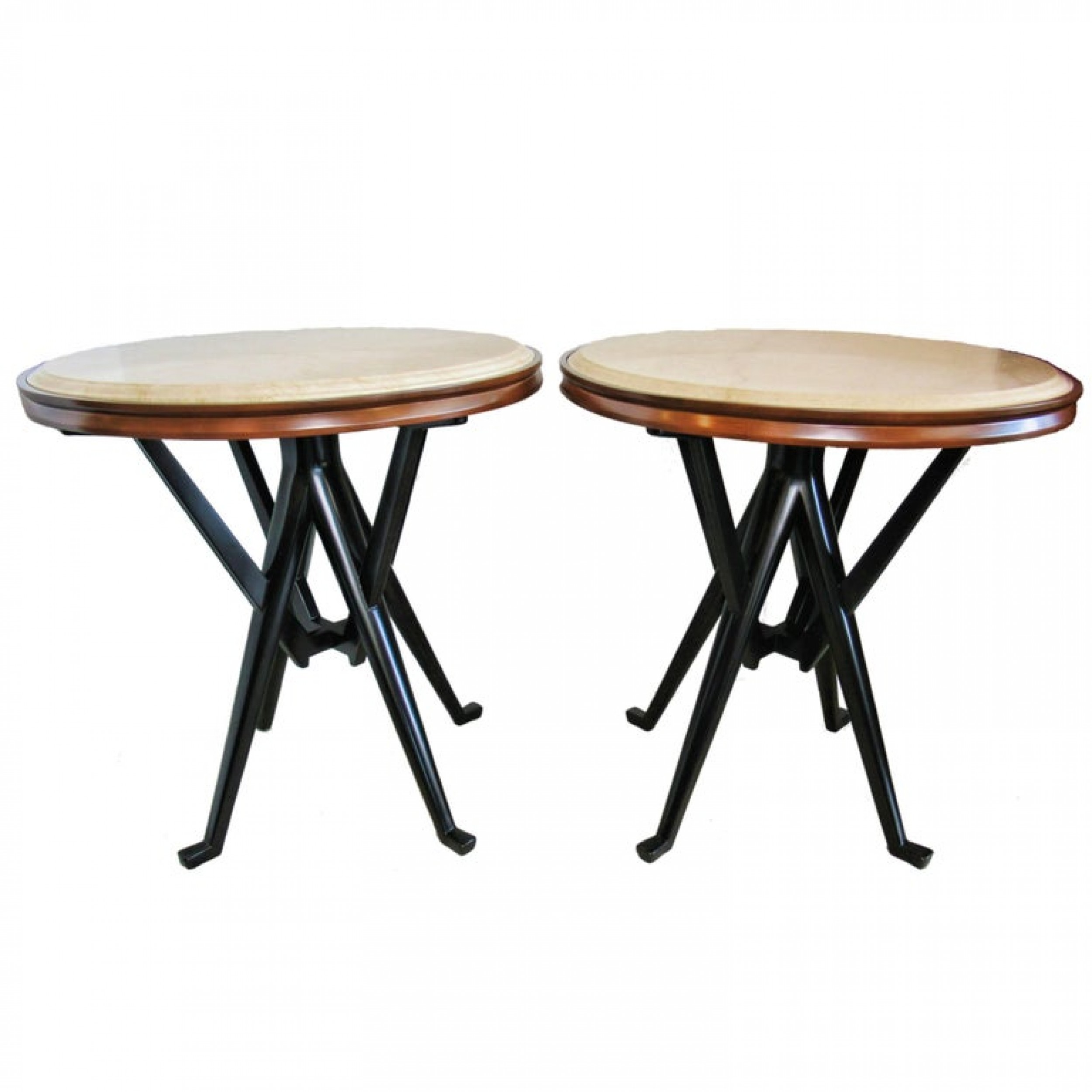 Rare pair of italian modern walnut ebonized and marble tables cassina