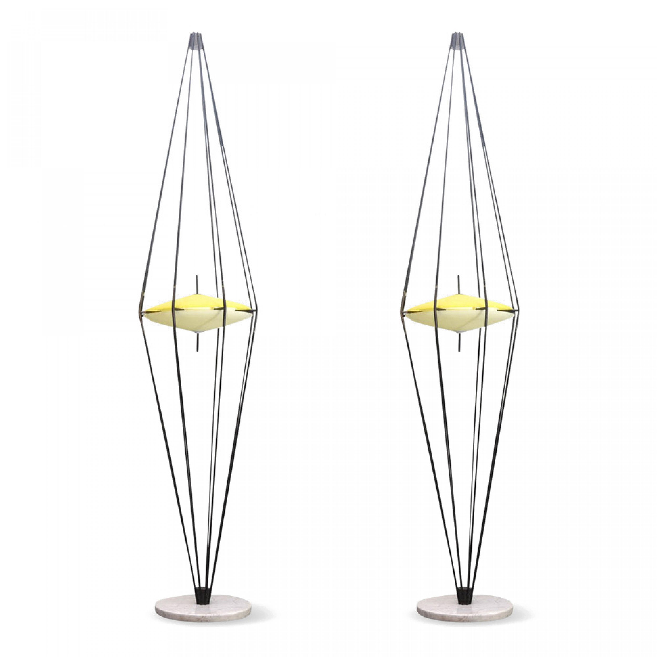 Pair of italian modern enameled brass glass marble floor lamps by angelo leli