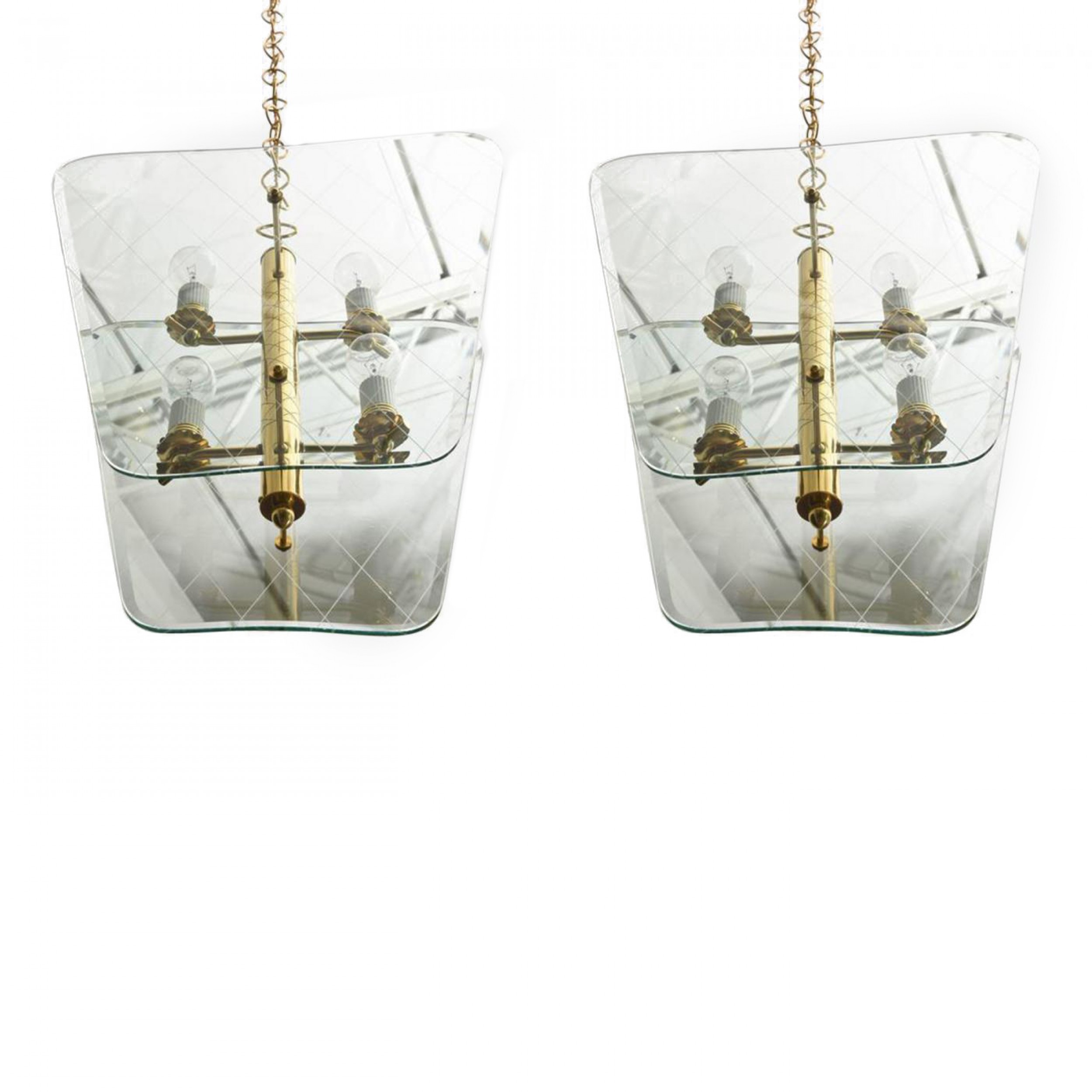 Pair of italian modern brass and etched glass chandelierspendants pietro chiesa