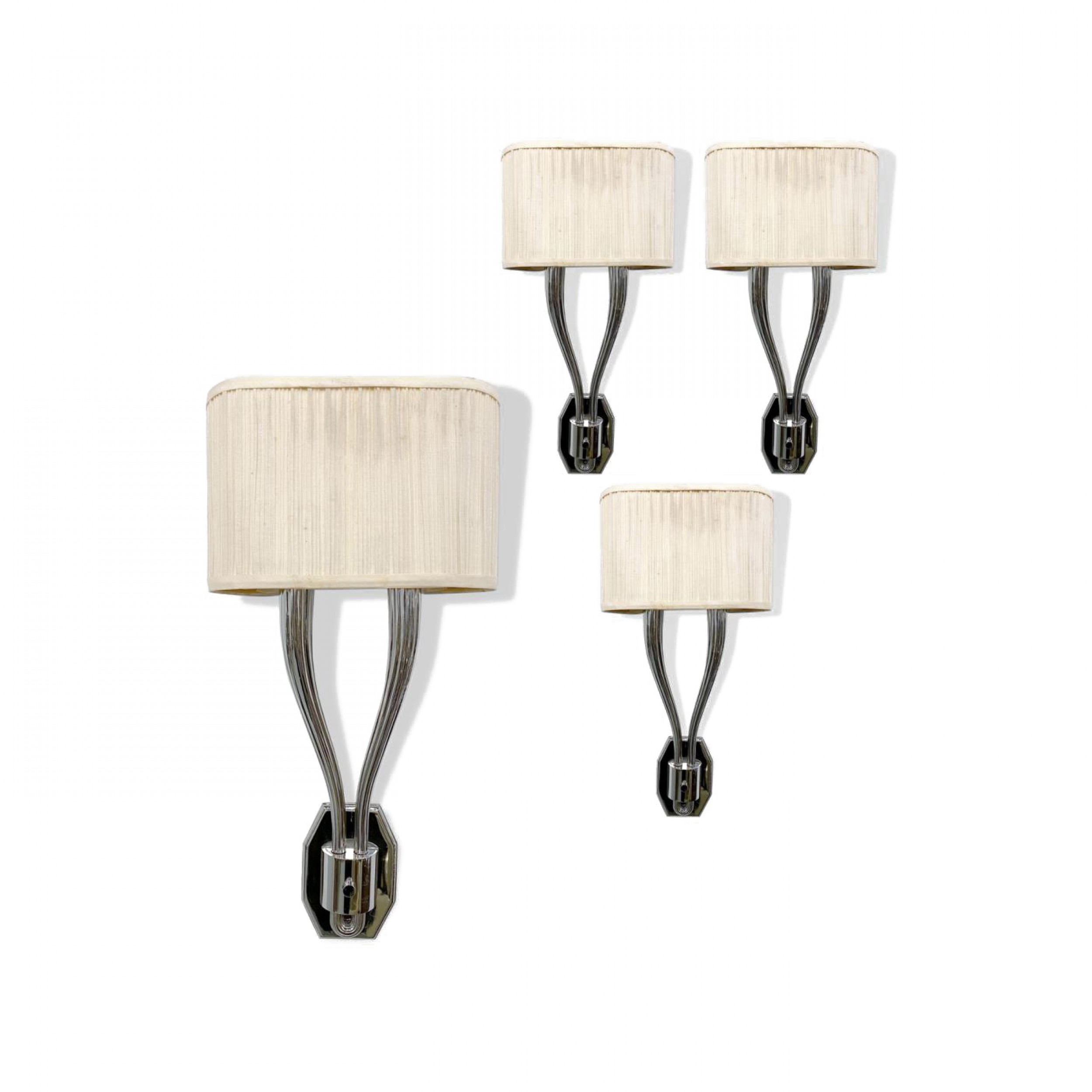 Set of 6 nickel plated two light sconces in the manner of ruhlman
