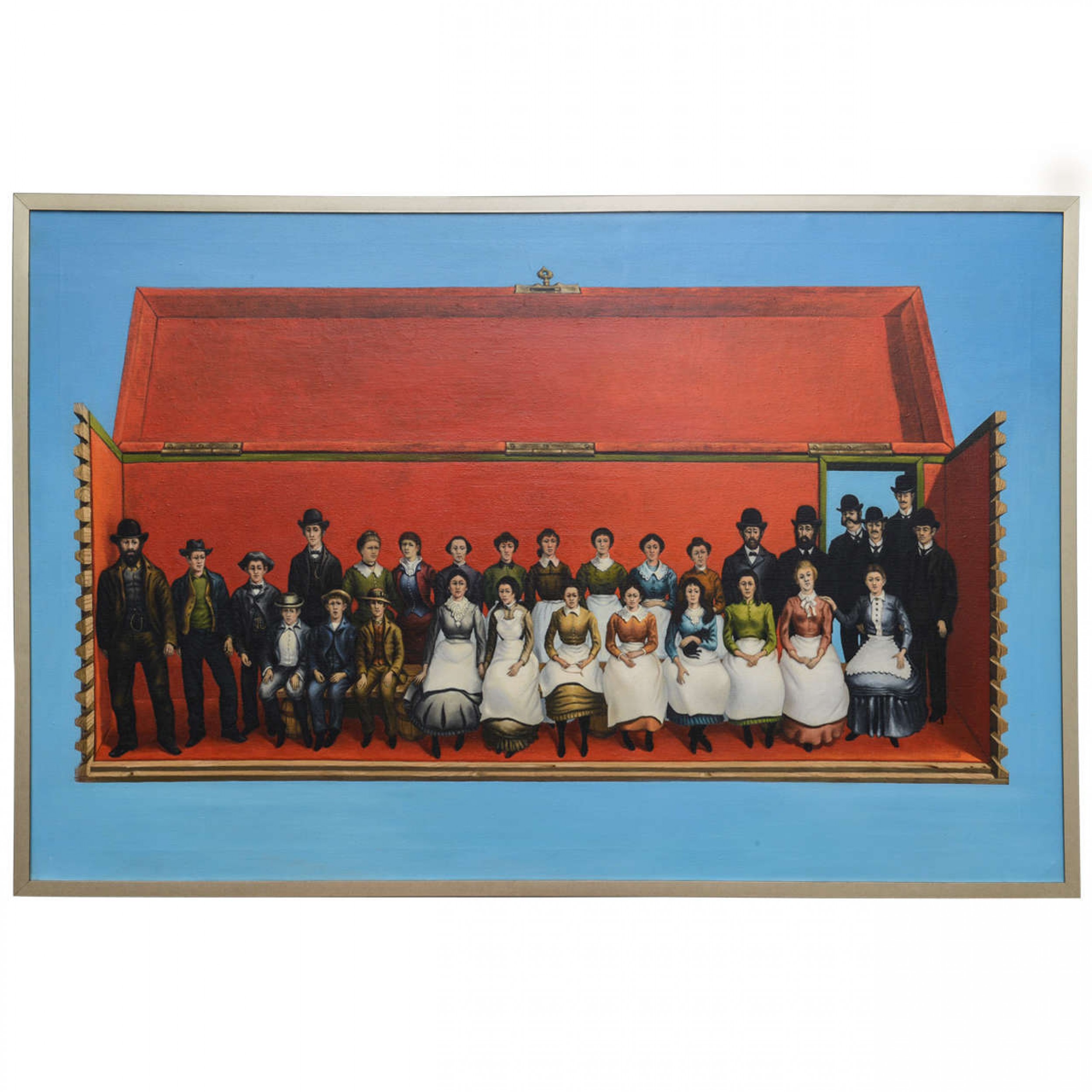 Robert springfels american contemporary oil on canvas figurative painting titled personnel of a box factory 1970
