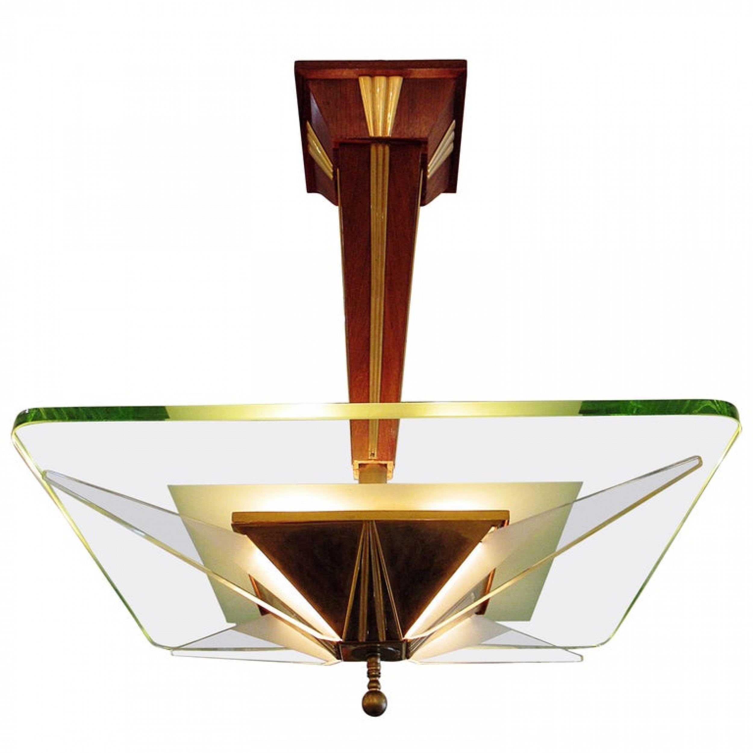 Italian modern brass glass and walnut chandelier max ingrand for saint gobain