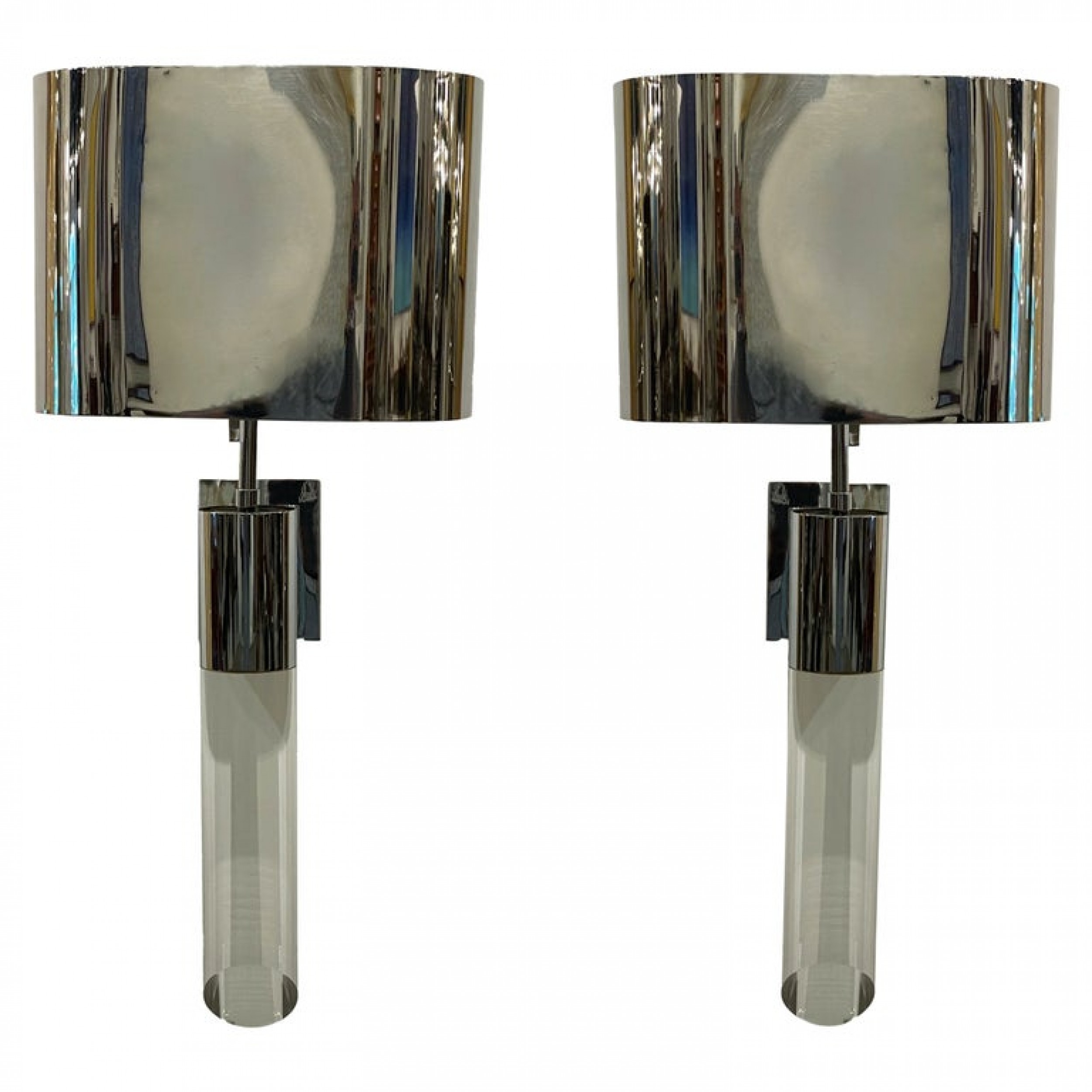 Fine pair american modern polished steel and lucite wall lights karl springer