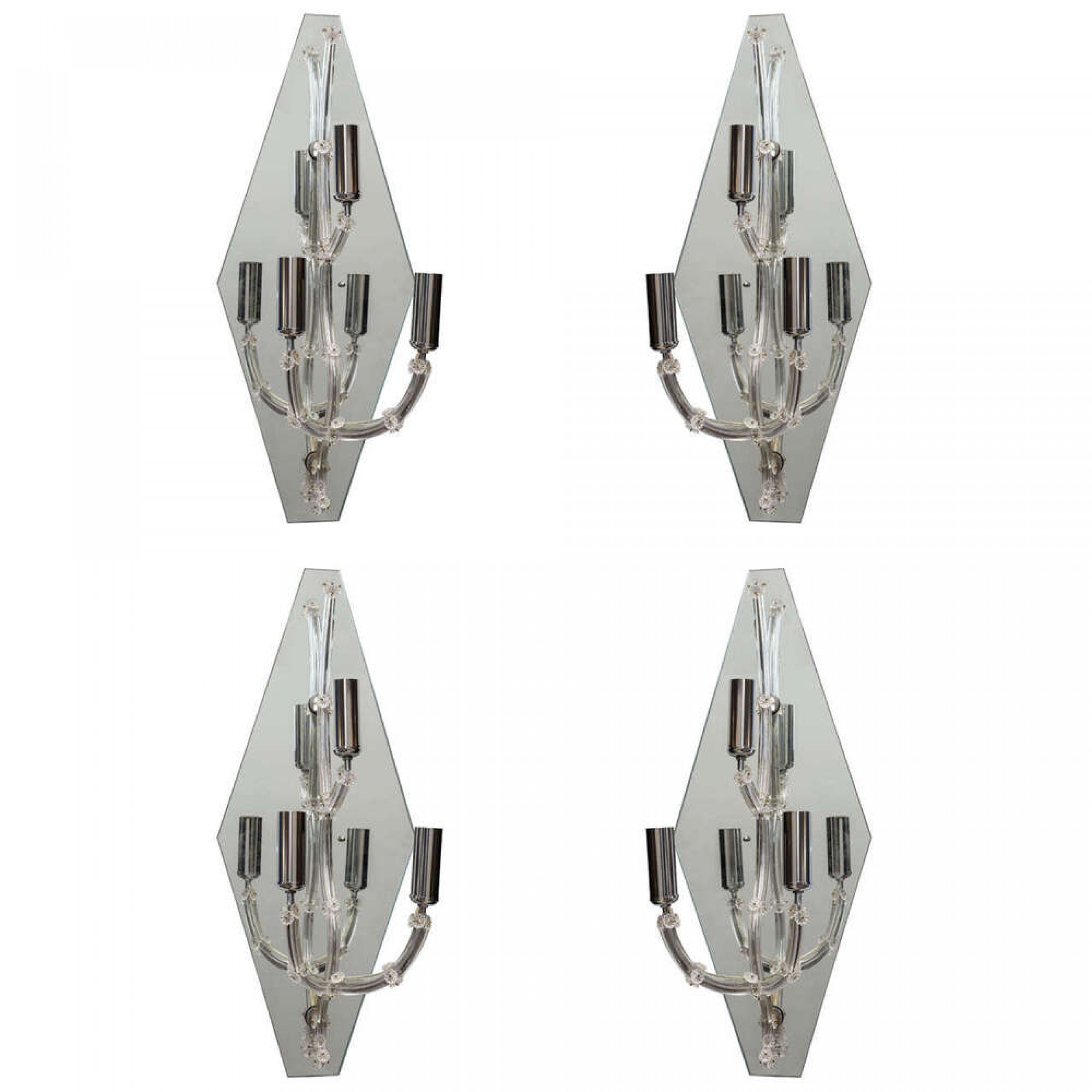 Set of four large murano glass and mirror wall lights sconces italy 1950s