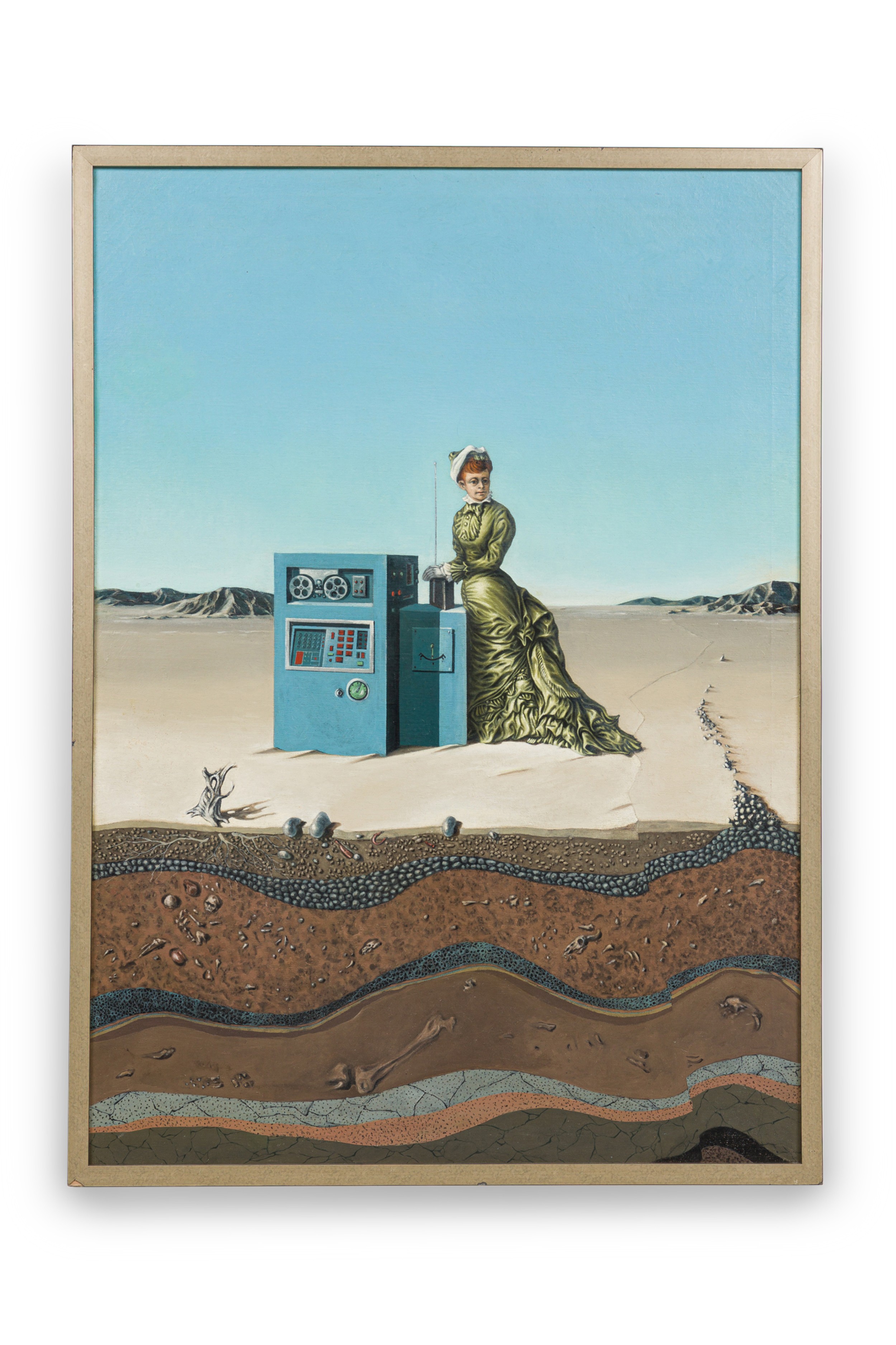 Oil on canvas desert landscape with woman computer robert springfels 1970