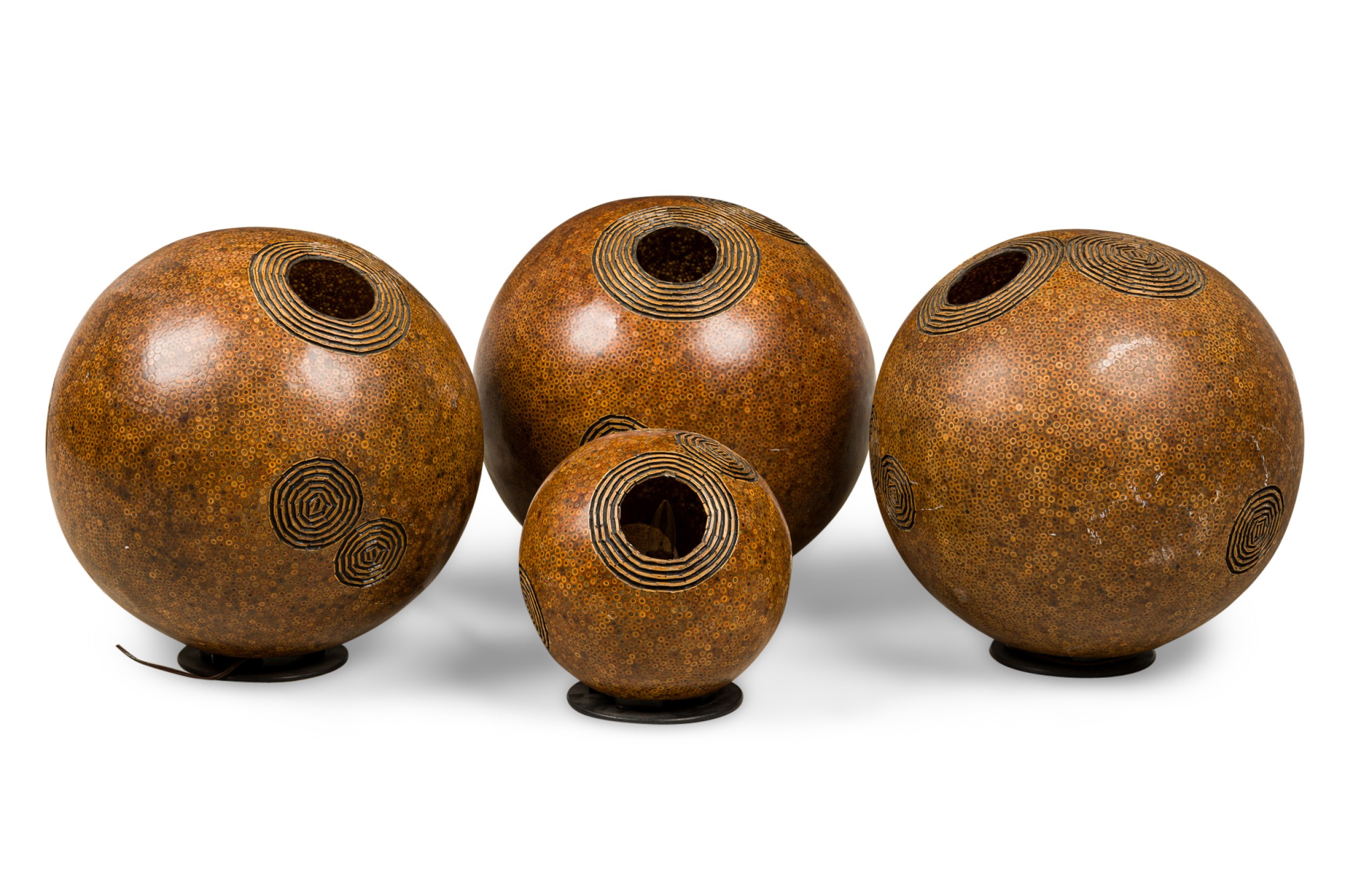 A set of 4 american modern bamboo and resin composite sphere lights