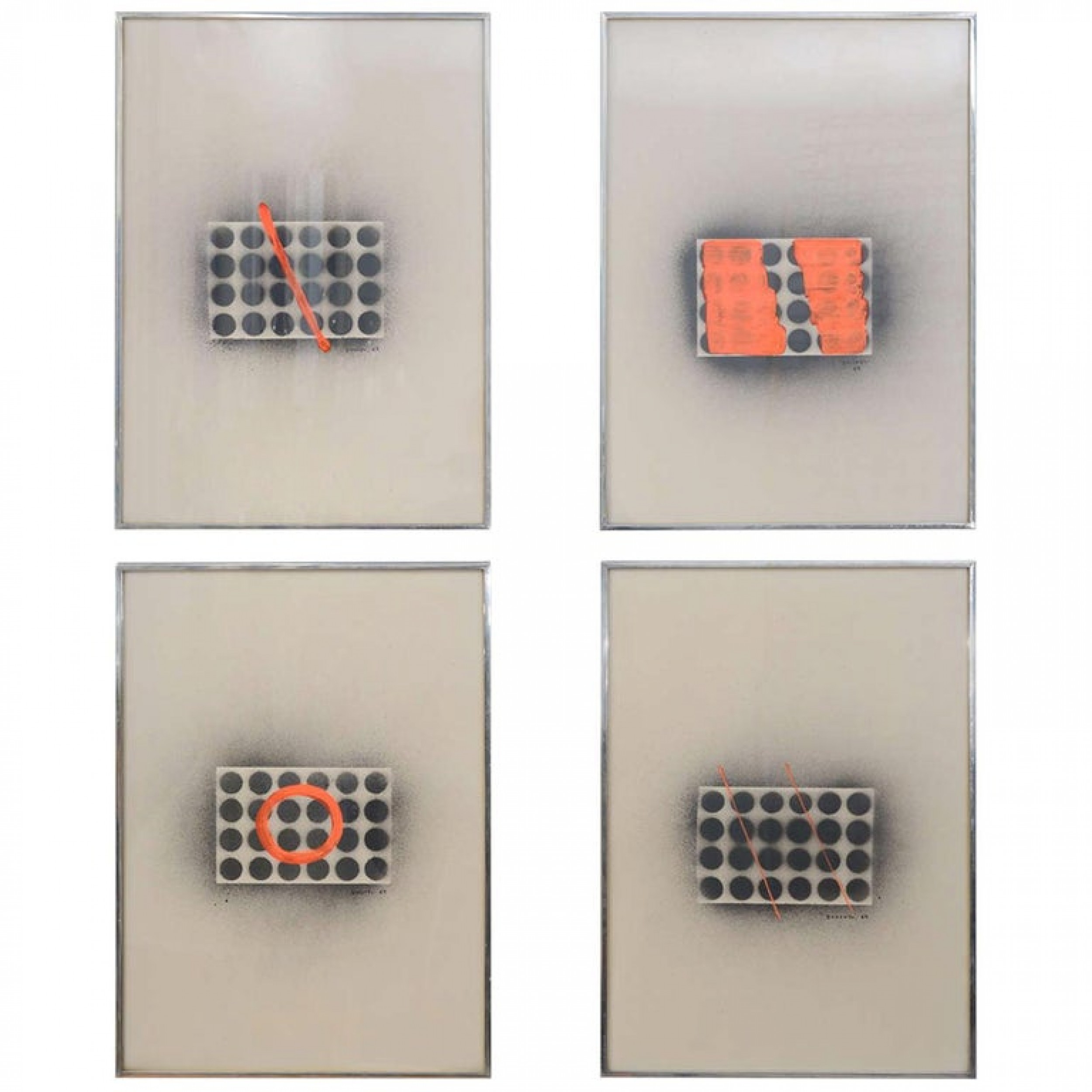 Set of four domoto hisao japanese works on paper with orange marking