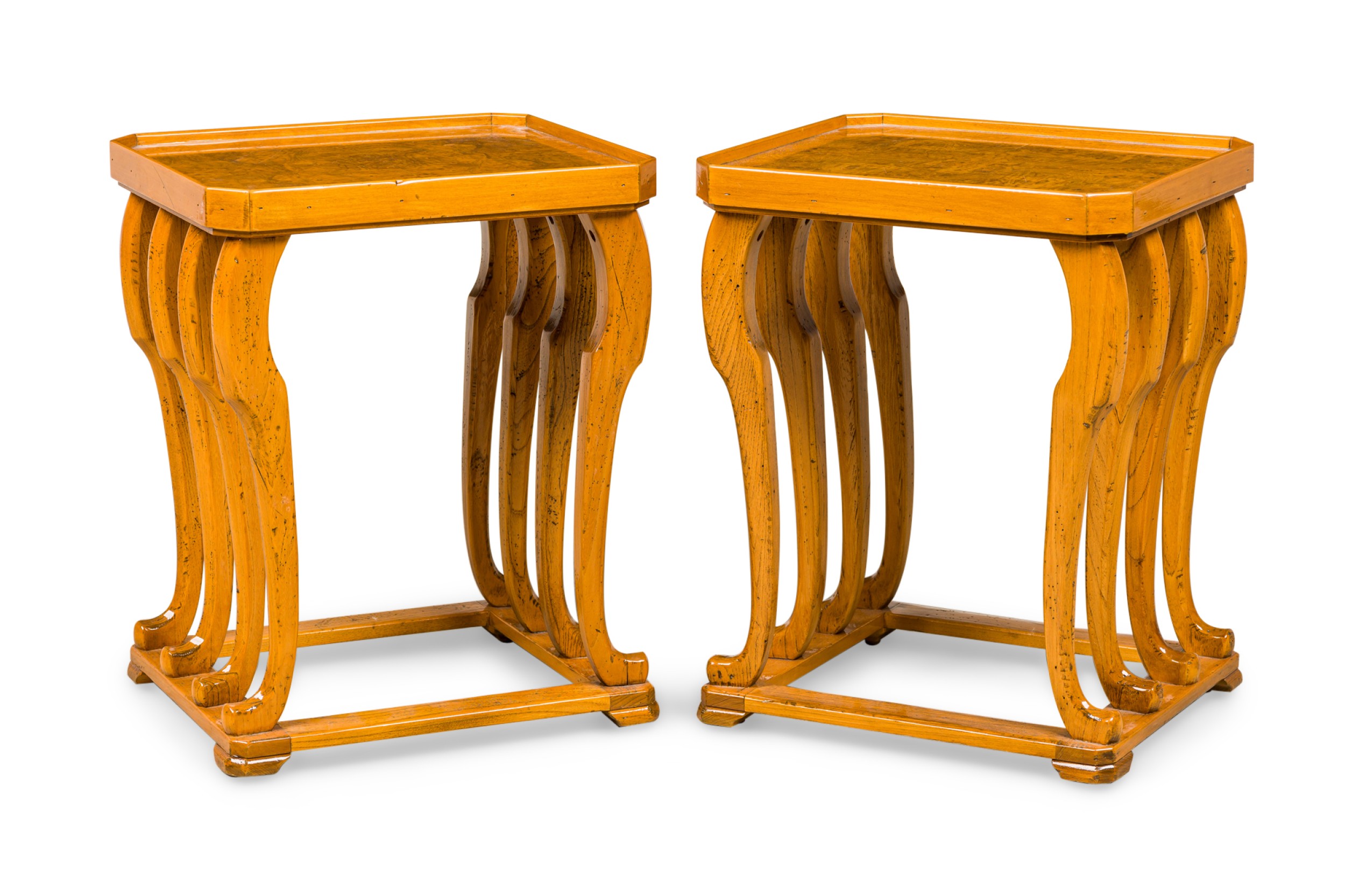 Pair of french burled walnut and fruitwood tables
