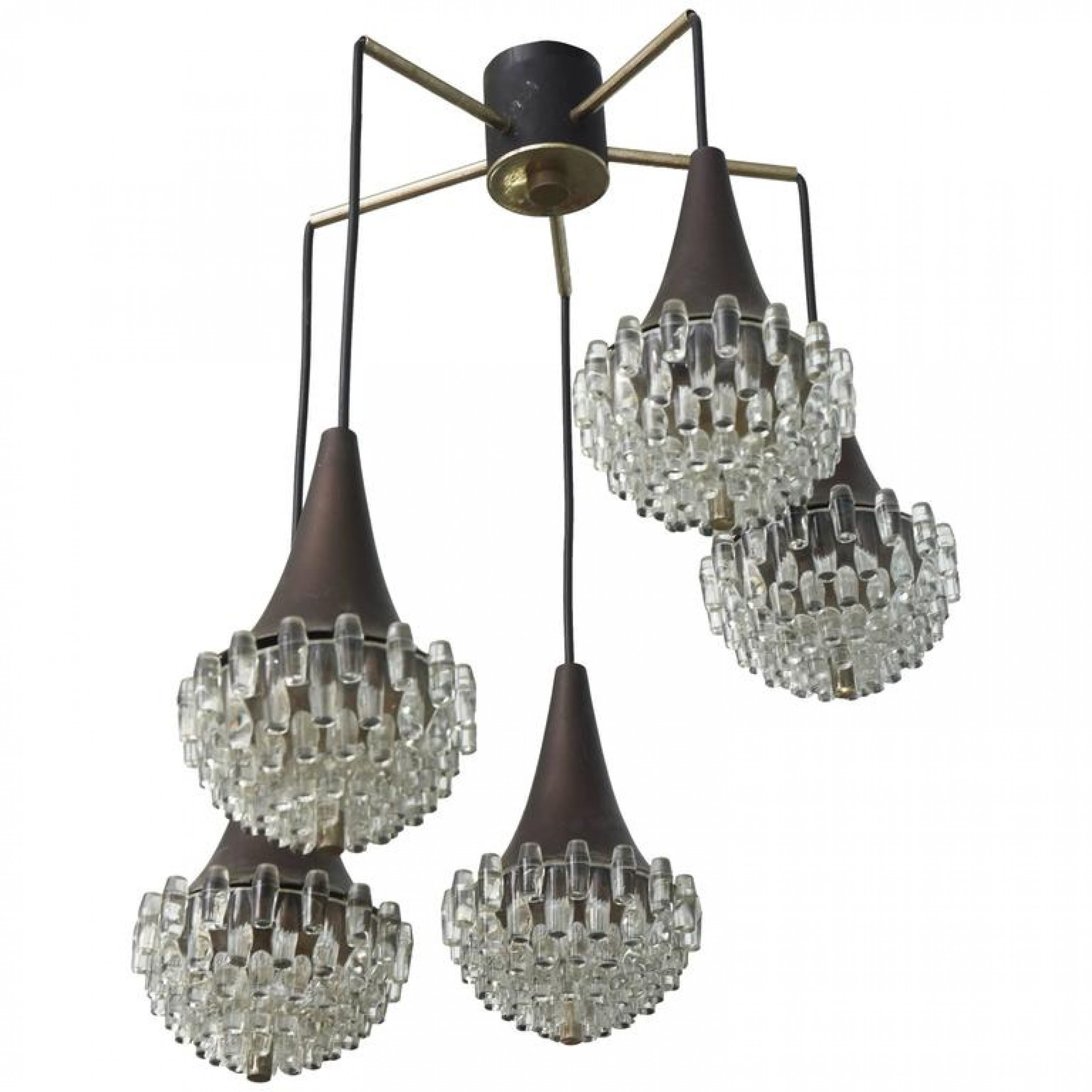 Italian modern five light bronze and glass chandelier manner of max ingrand