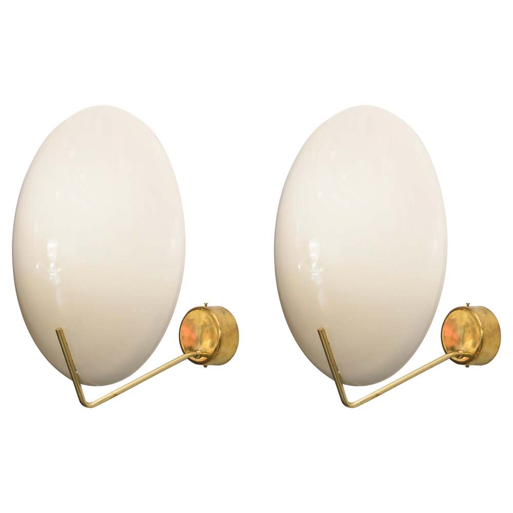 Pair of italian modern brass and enameled metal wall lightssconces stilnovo