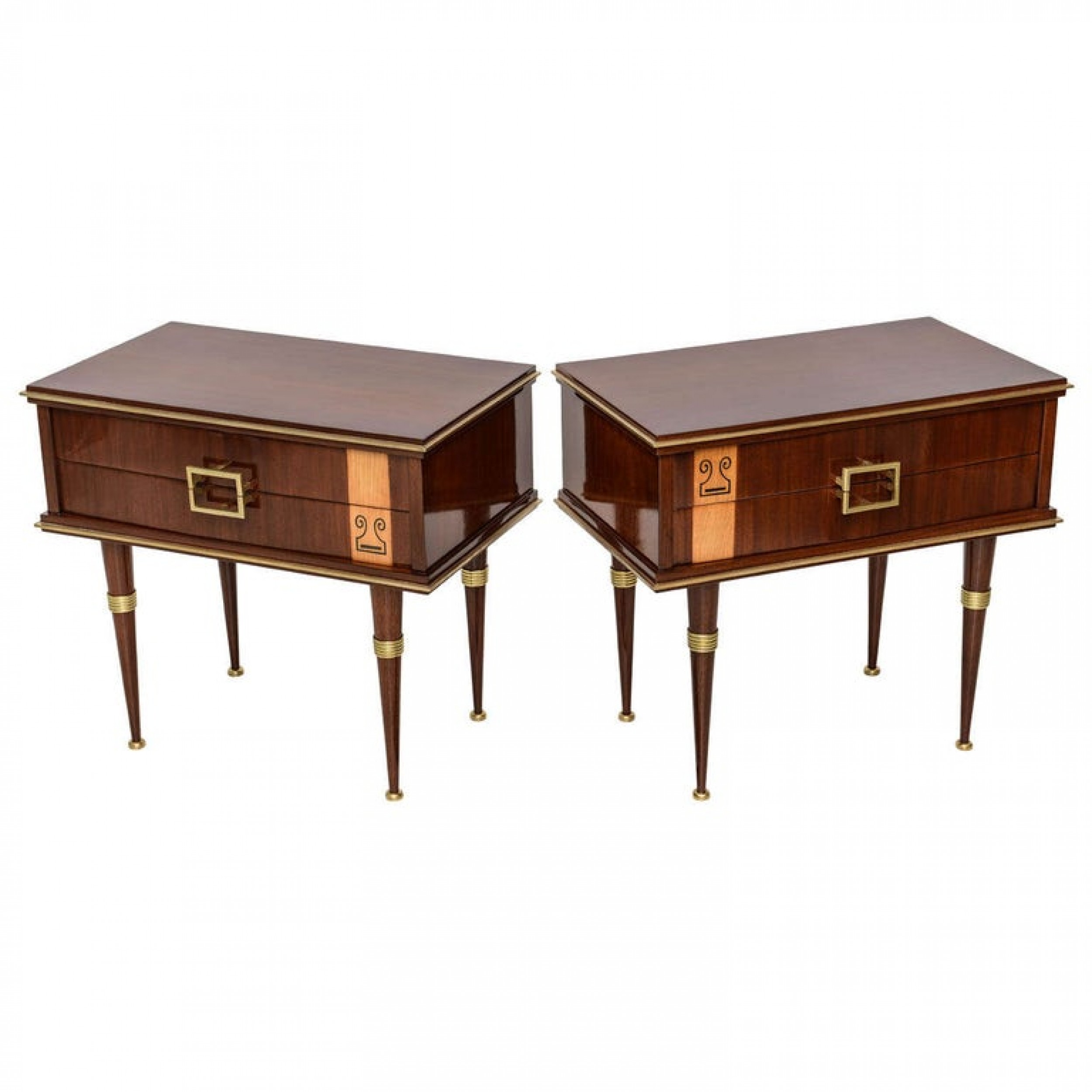 Pair of italian modern walnut sycamore and bronze mounted bedside tables