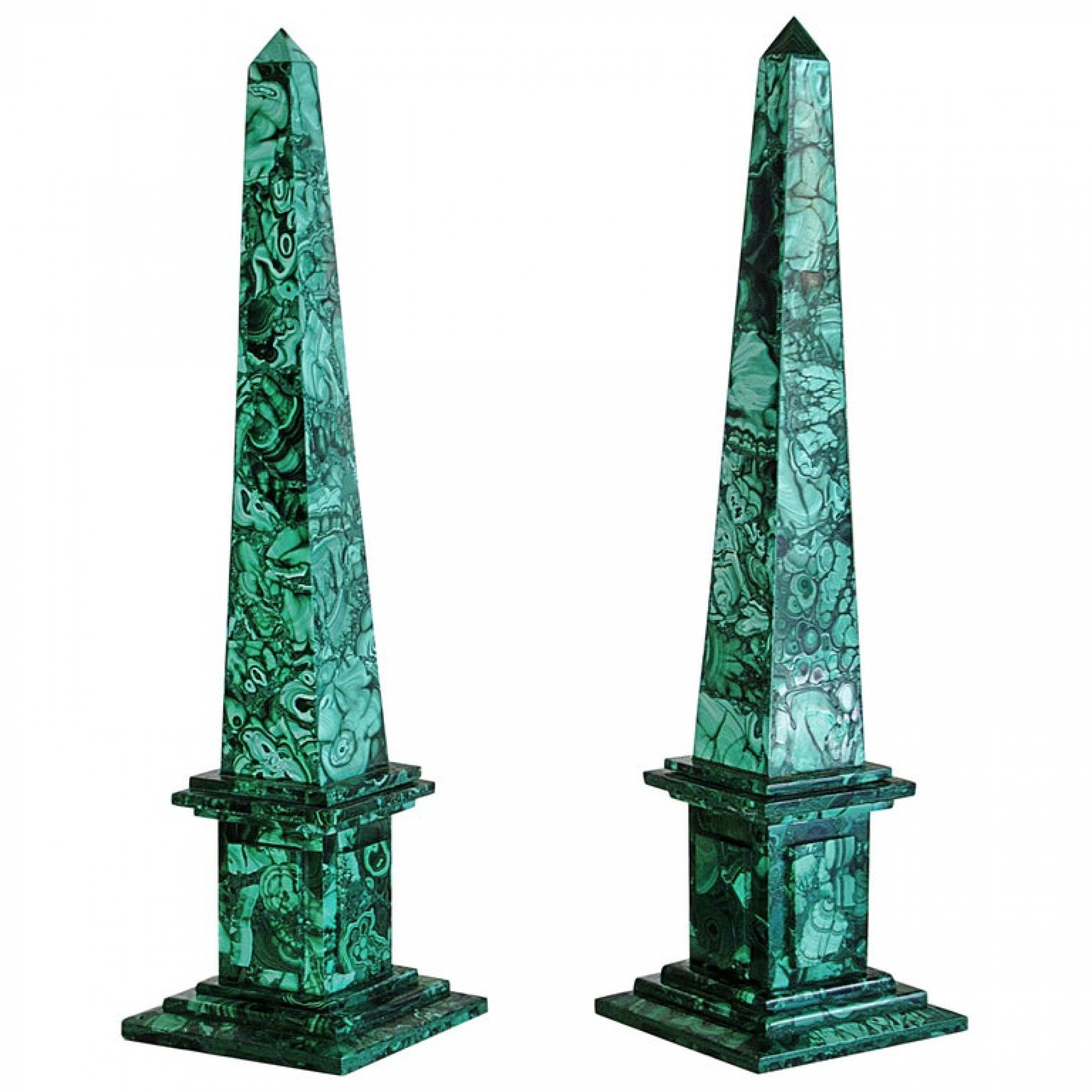 Pair of italian neoclassical style malachite veneered obelisks