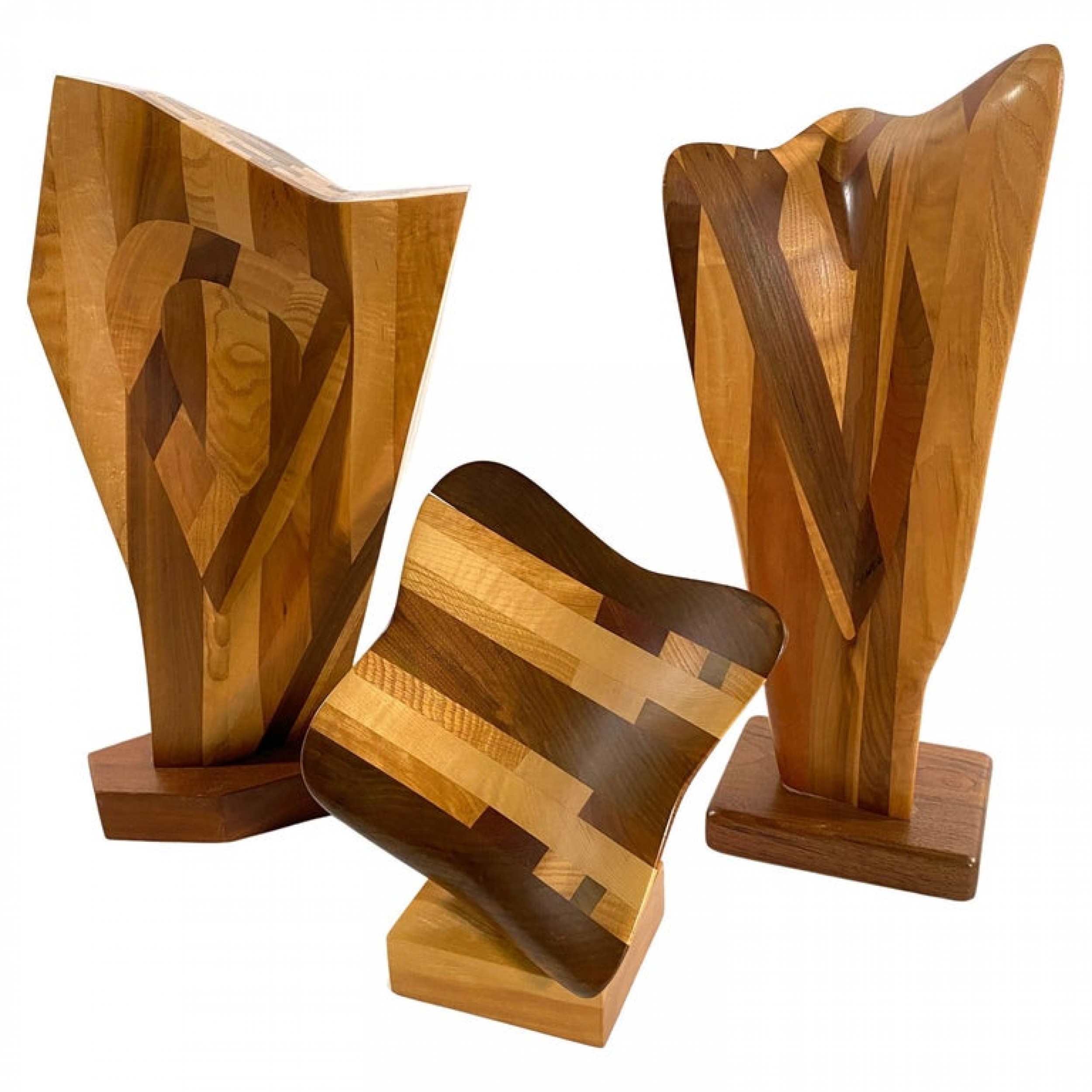 Set of 3 american modern abstract mixed exotic wood sculptures paul lamontagne
