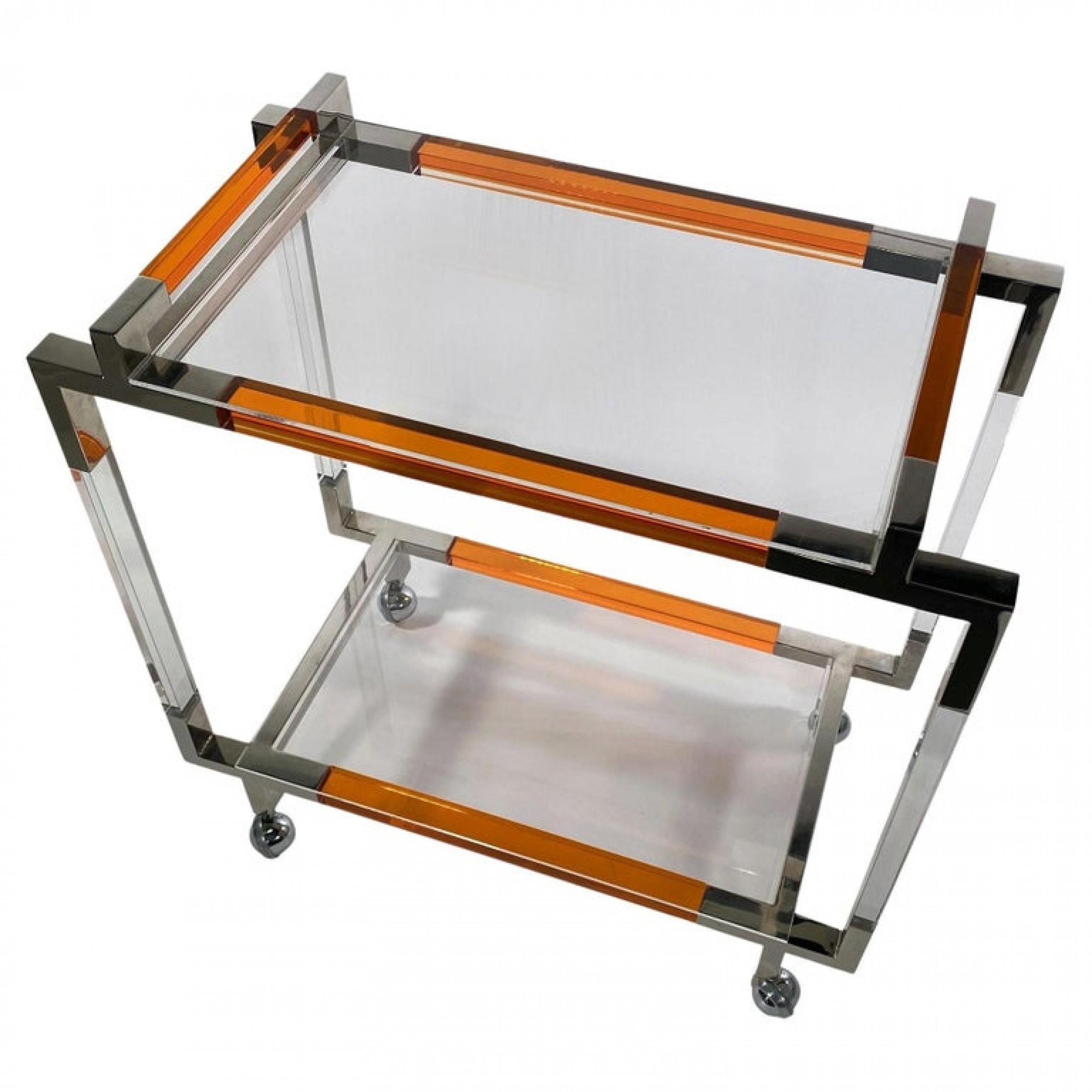 American modern orange lucite polished nickel bar cart charles hollis jones