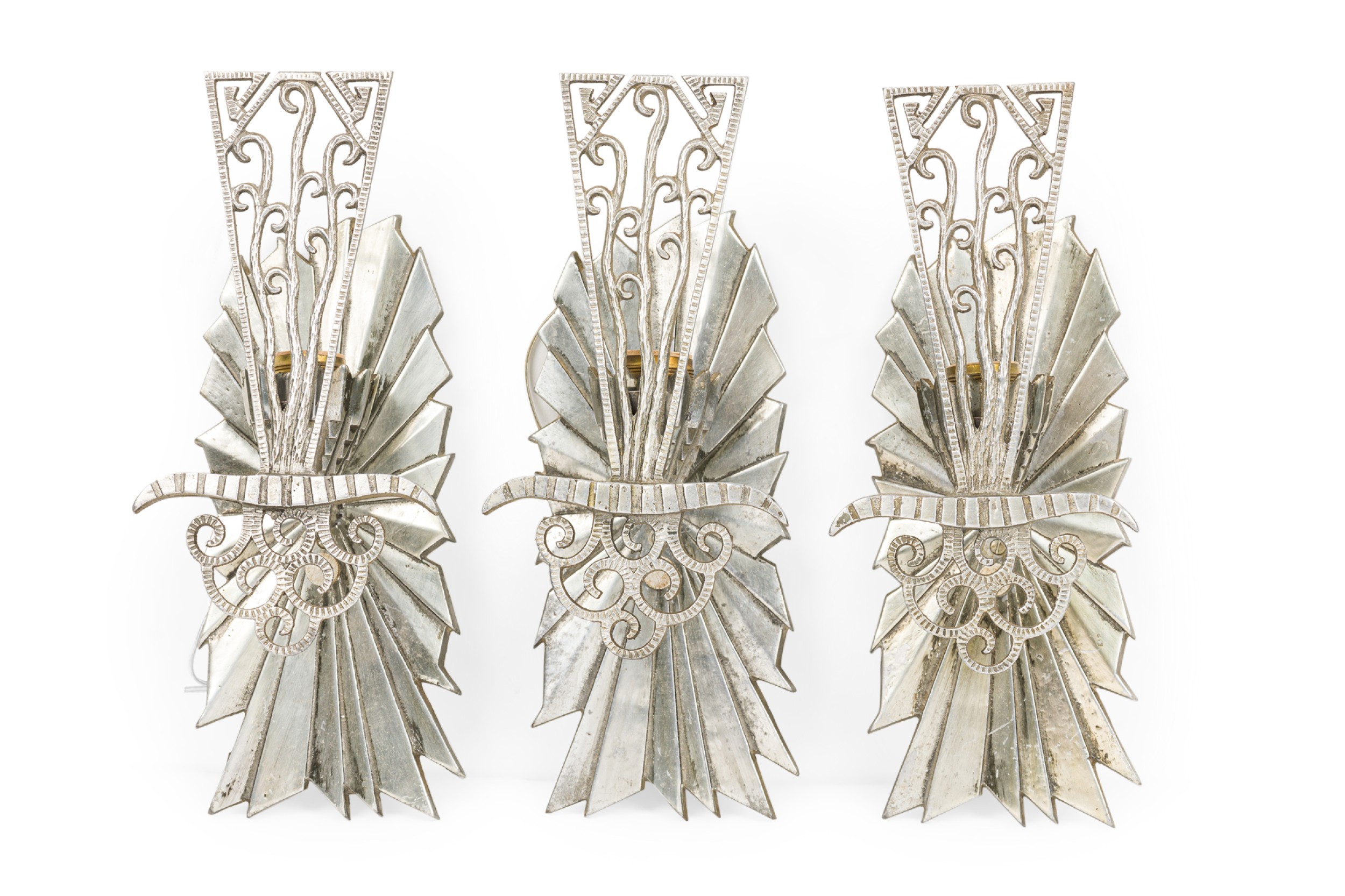 Set of 3 french art deco silvered bronze wall lights sconces manner of raymond subes