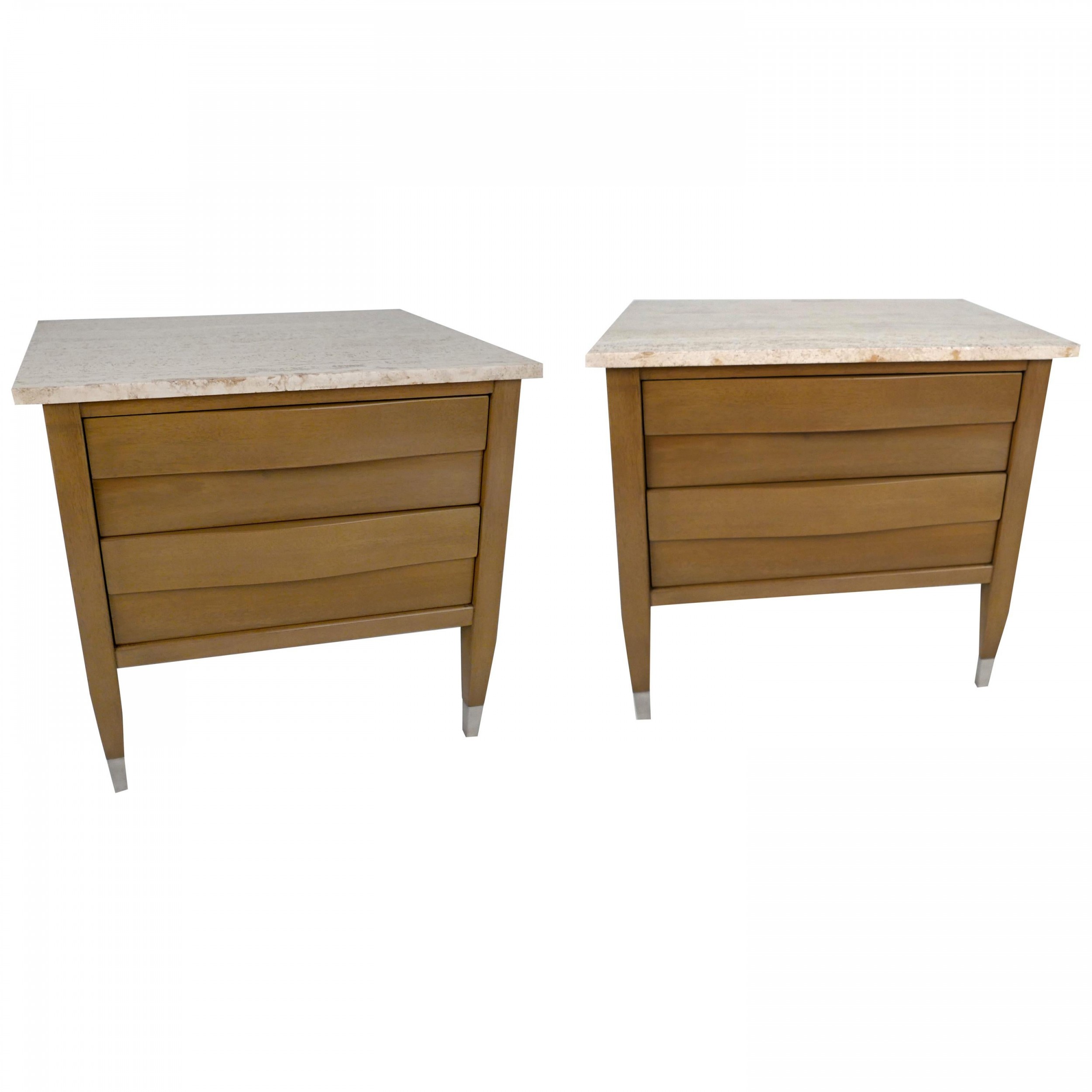 Pair of grey cerused and travertine marble top nightstands merton gershun
