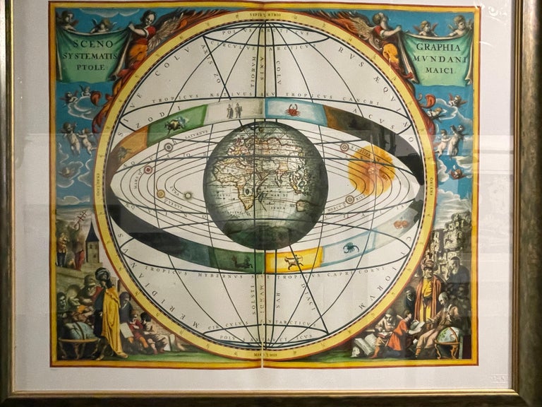 Italian renaissance style framed print of a celestial map titled scenographia systematis mundani ptolemaici 