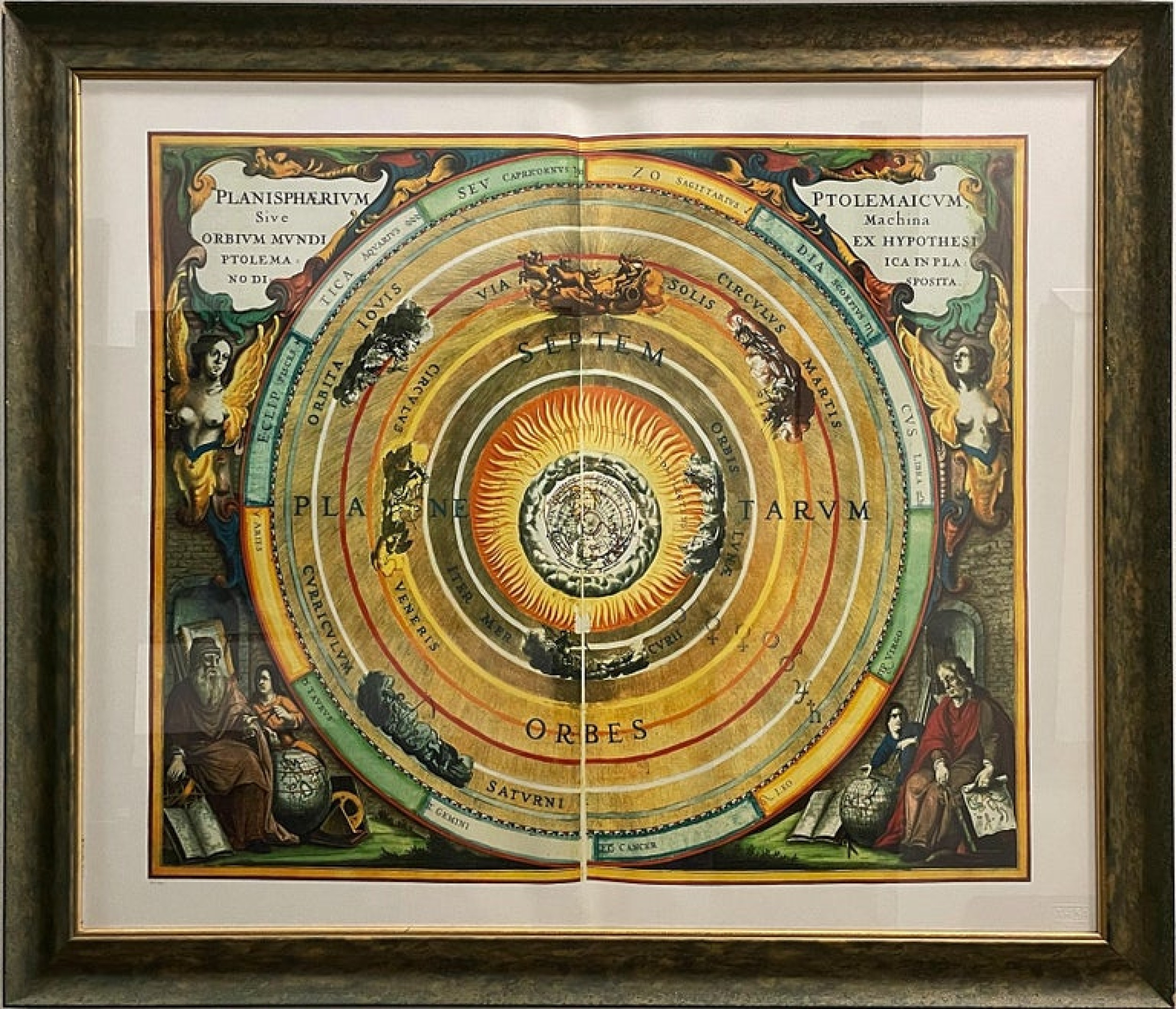 Italian renaissance style framed print of andreas cellarius' celestial map, titled ptolemaic universe 