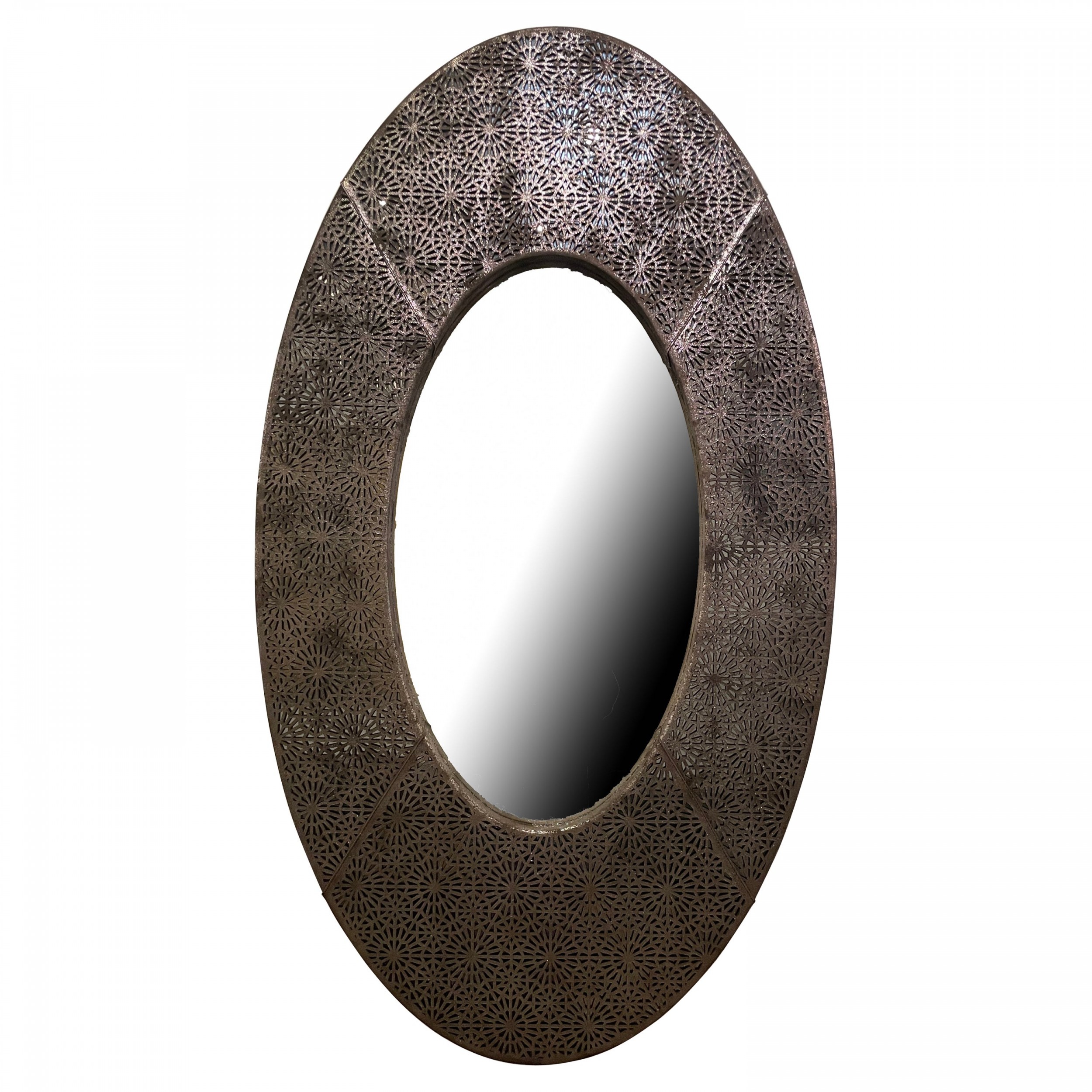 American modern brown and silver metallic leather oval mirror