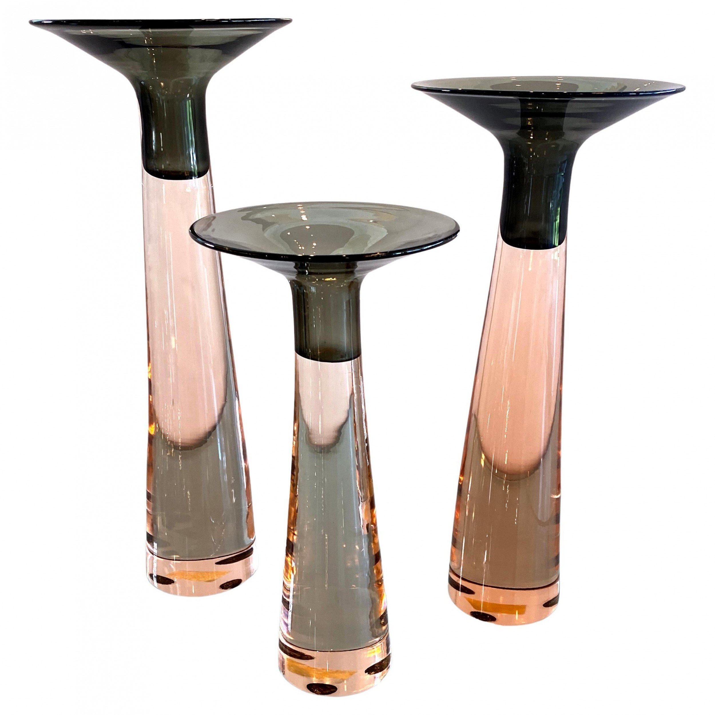 Set of 3 antonio da ros for cenedese pink and smoked glass candleholders