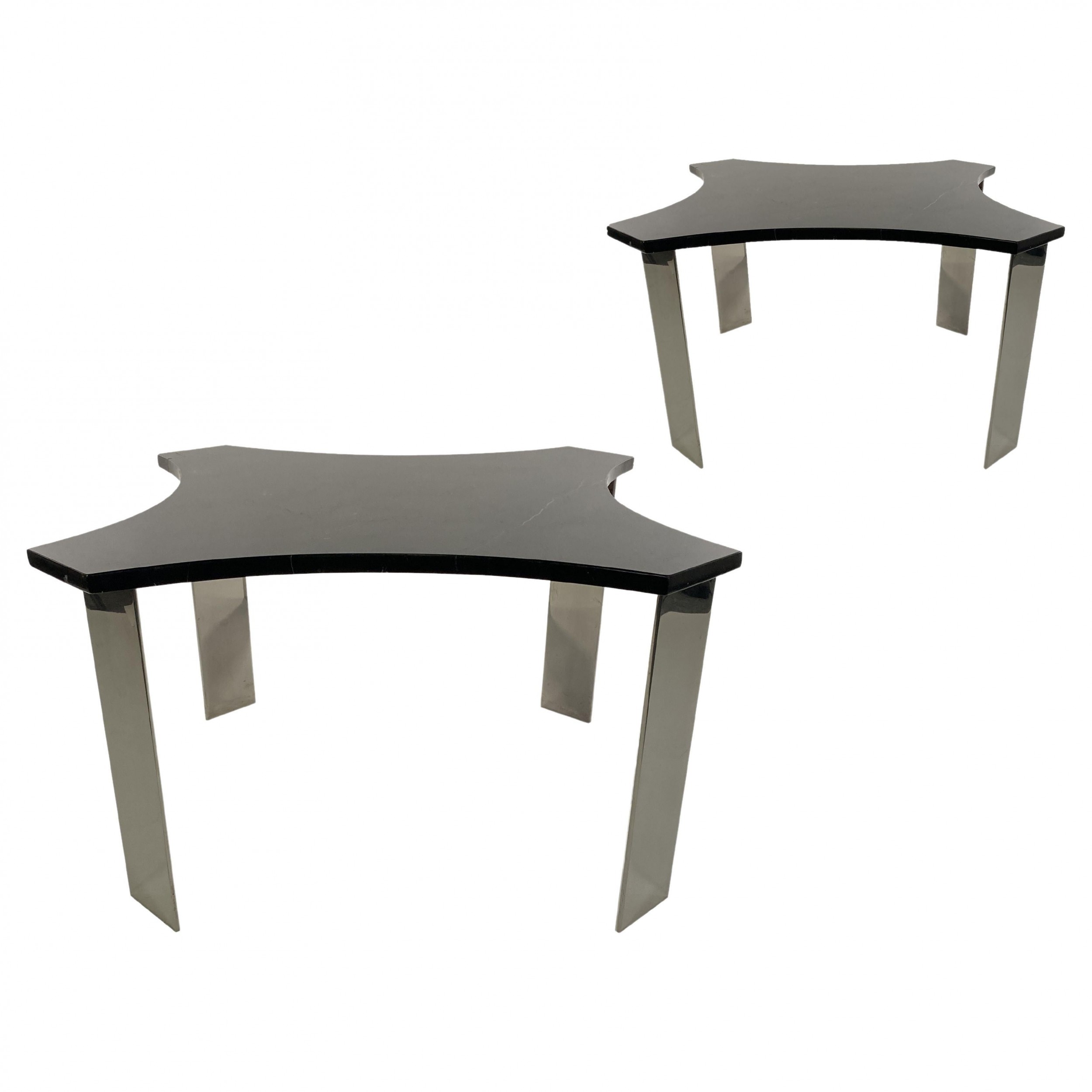 Pair american modern polished steel and granite tables pace collection