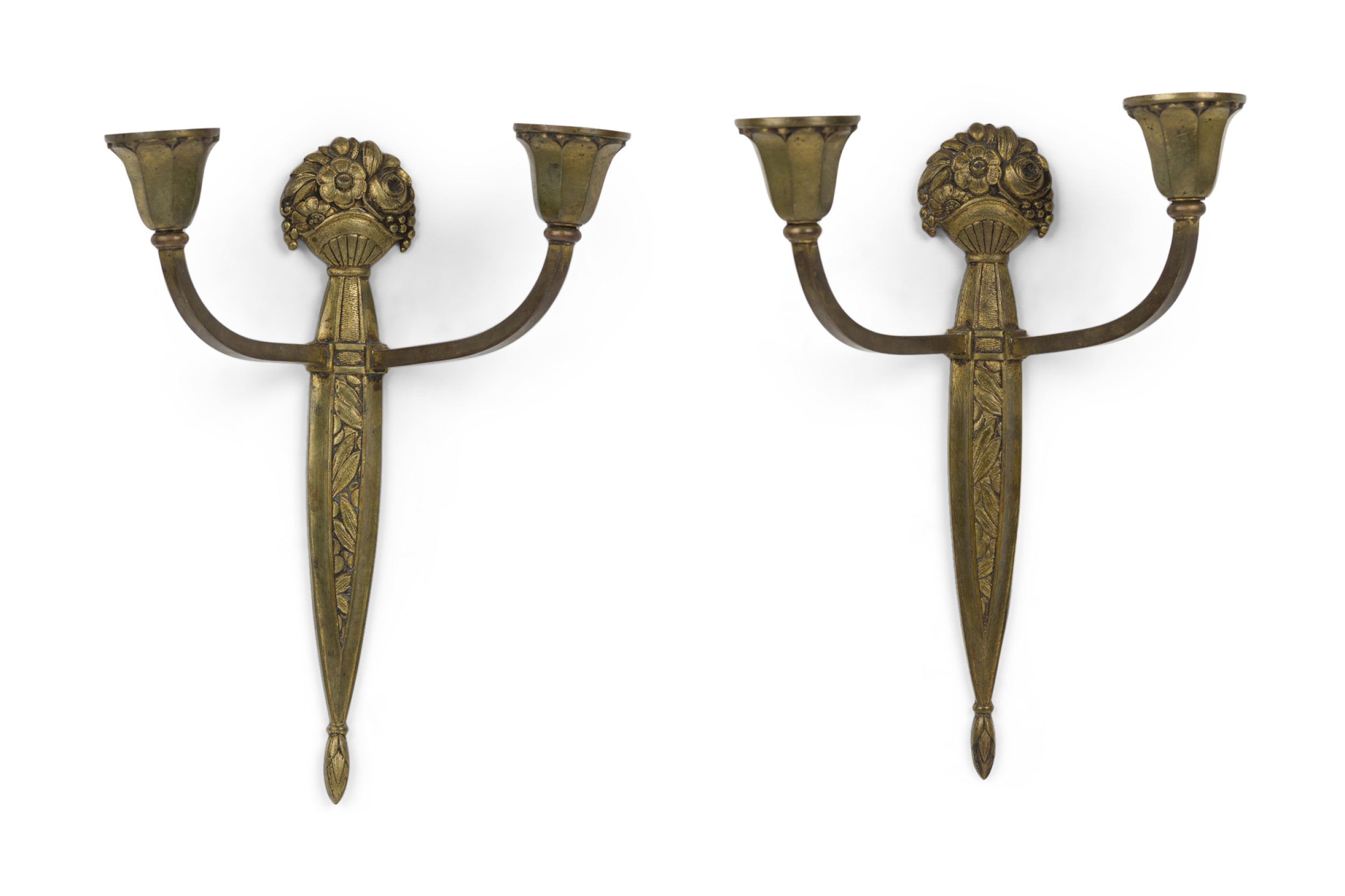 Pair of french gilt bronze two light wall sconces by sue et mare