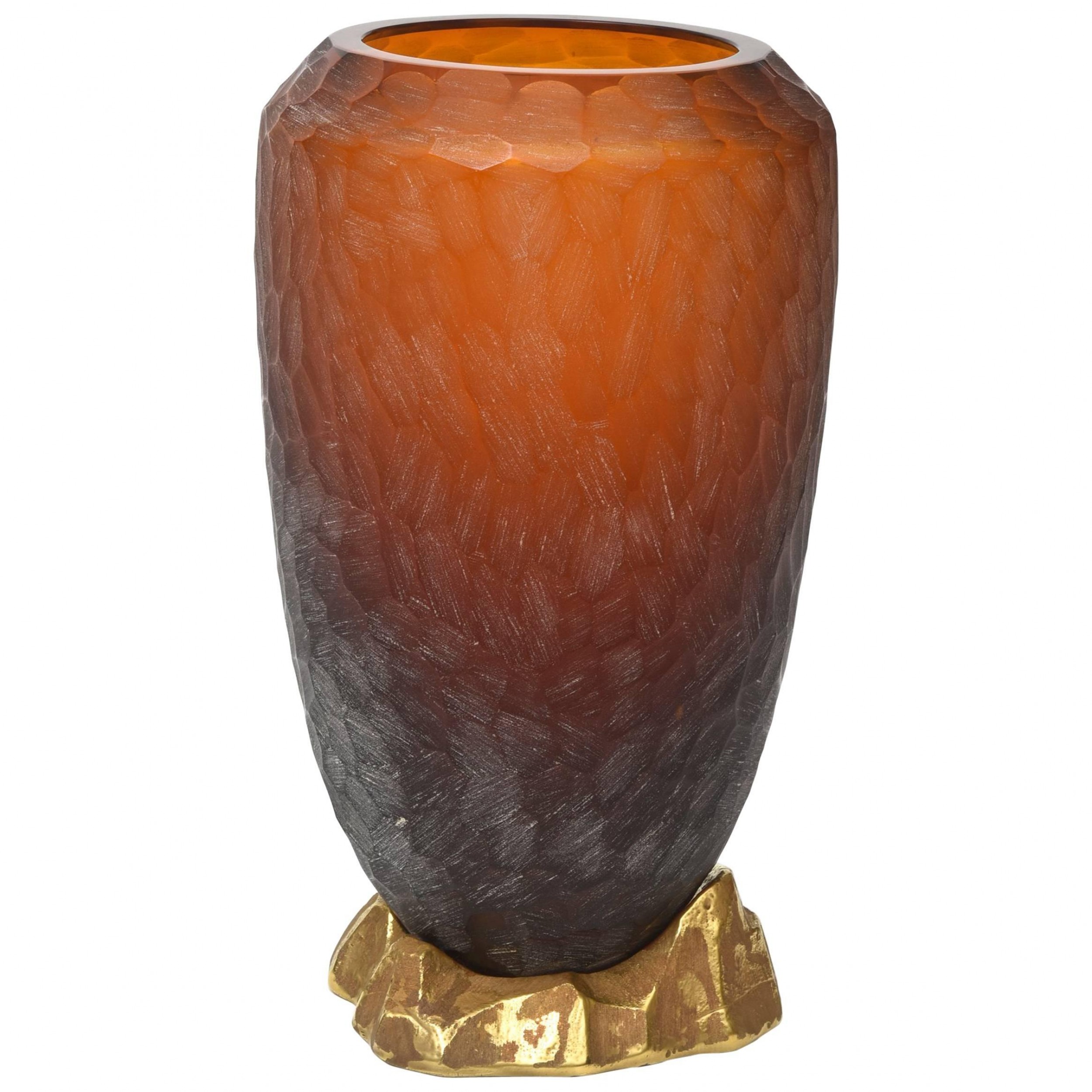 Rare italian modern dark amber and gilt decorated vase seguso